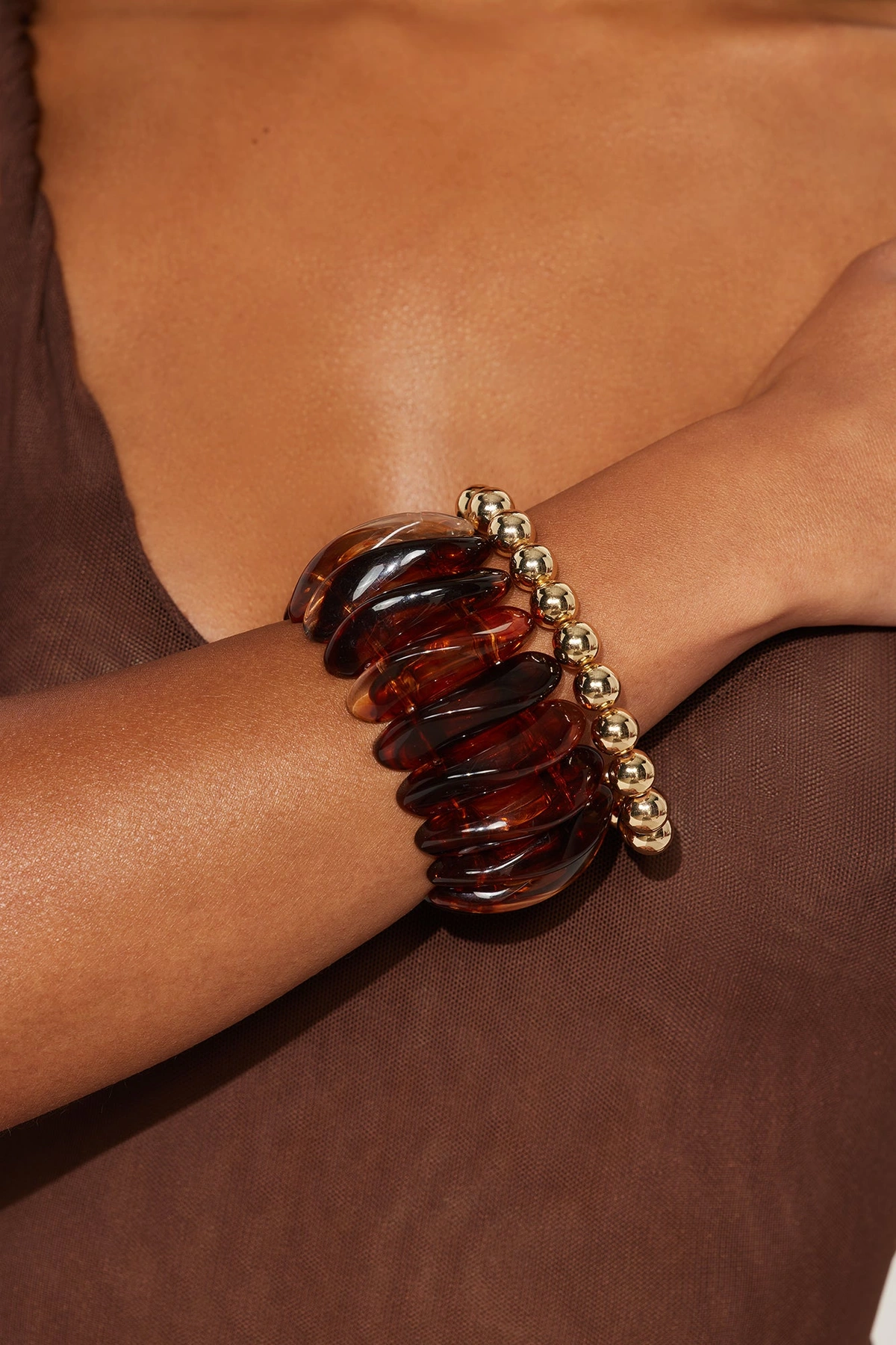 Tranquility 2 Piece Bracelet Set - Gold/Brown — Dourado/Castanho