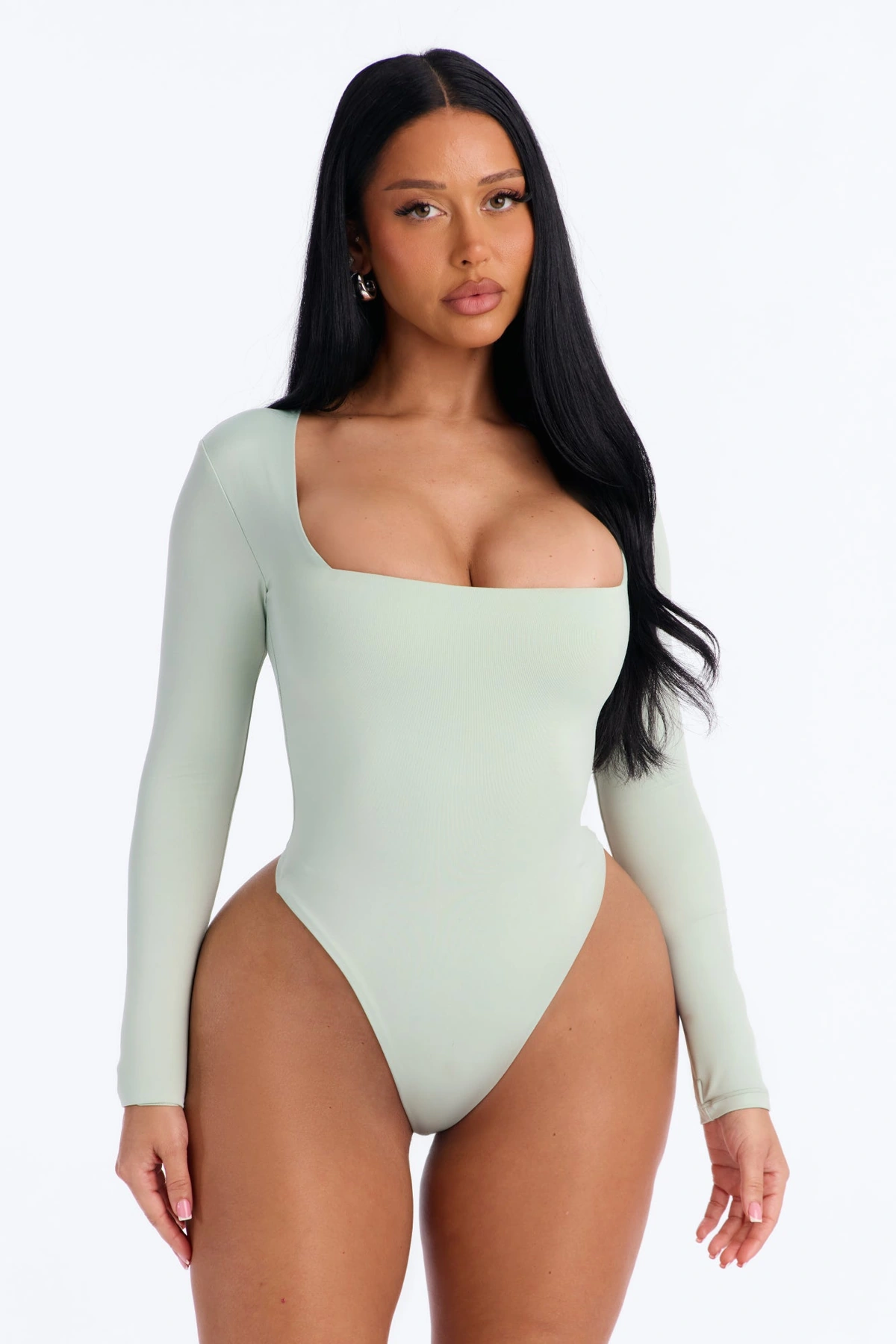 Contour Double Lined Long Sleeve Square Neck Bodysuit - Mint — Verde-menta