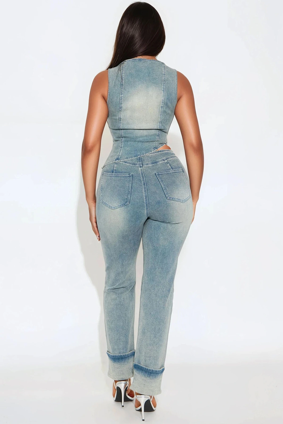 Alana Denim Pant Set - Medium Wash — Ganga de lavagem média