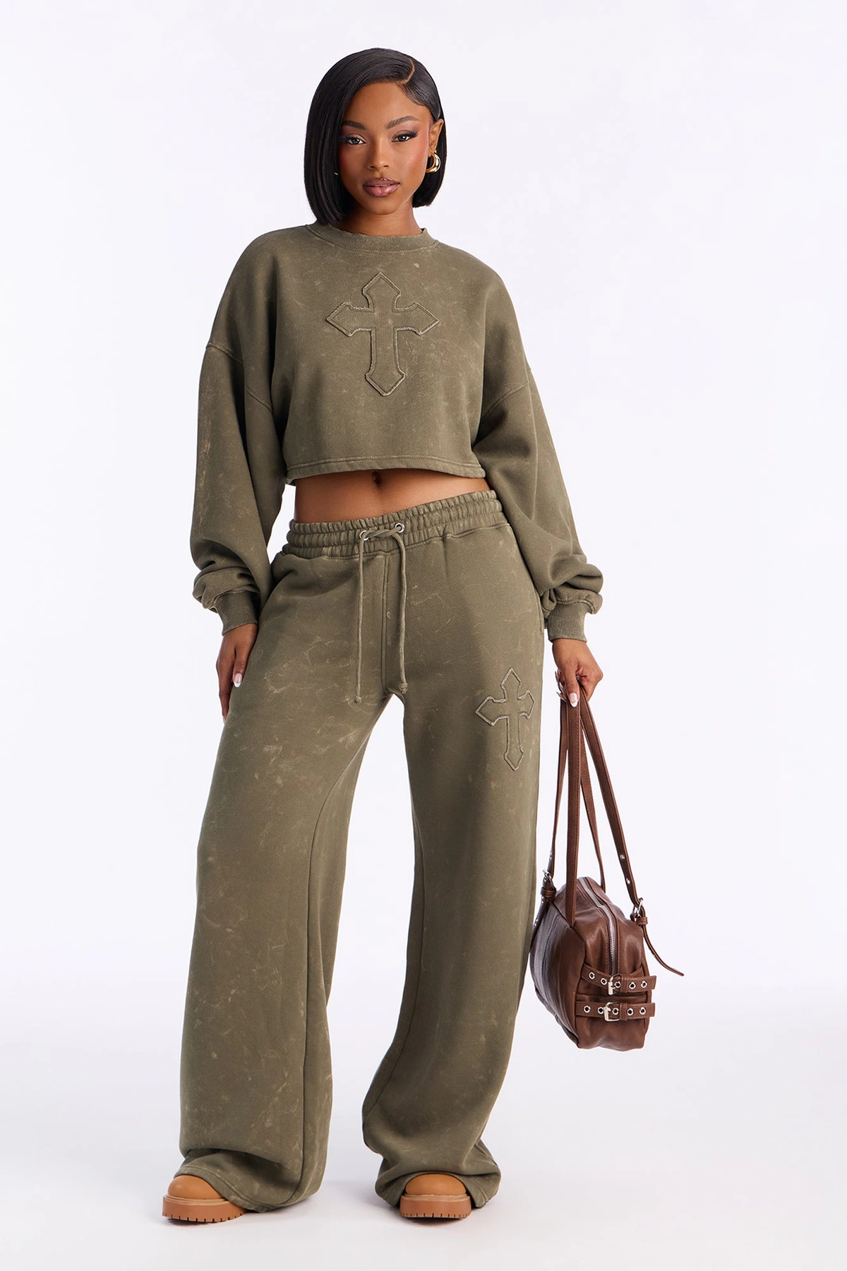 Hidden Cross Fleece Pant Set - Olive — Verde-azeitona