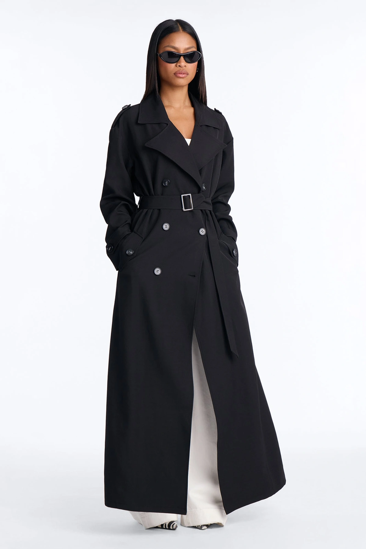 Elorea Belted Solid Trench Coat - Black — Preto