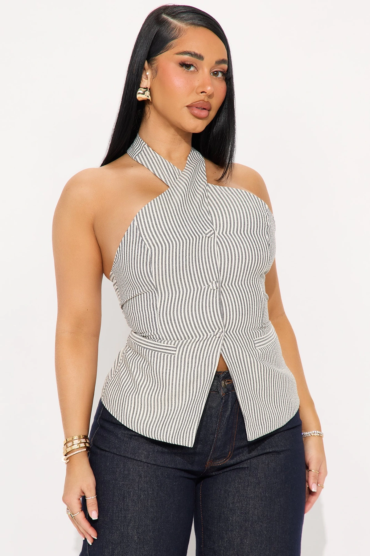 Classic Cutie Striped Linen Vest - Grey/combo — Cinzento/combinação