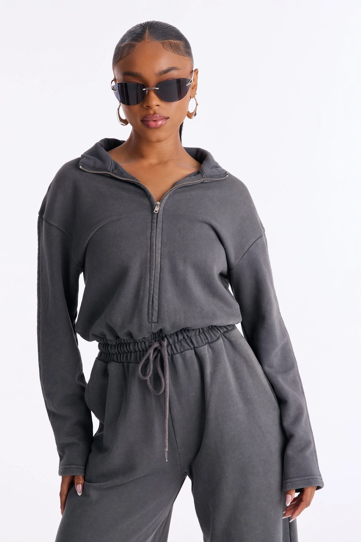 Busy Schedule Washed French Terry Jumpsuit - Charcoal — Cinzento-escuro