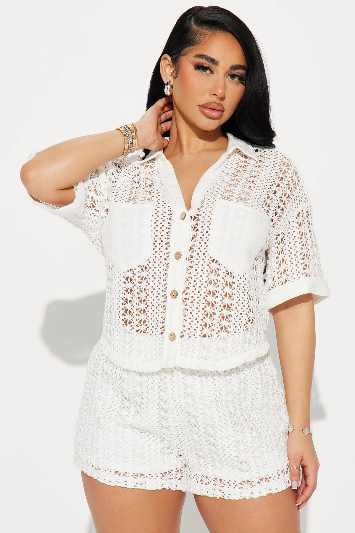 Meet At Dawn Crochet Short Set - White — Branco