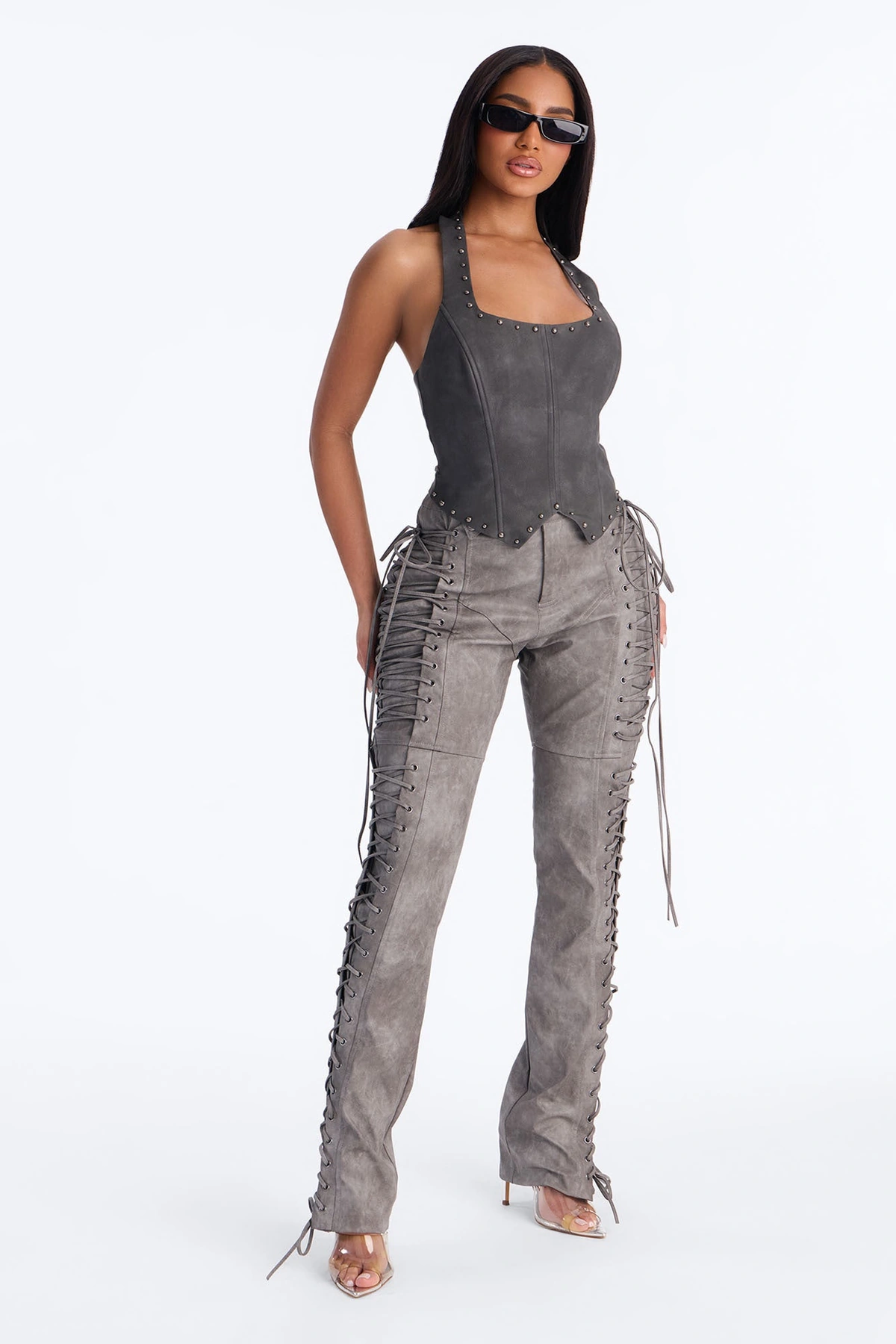 After Hours Faux Leather Lace Up Flare Pant 33″ - Grey — Cinzento