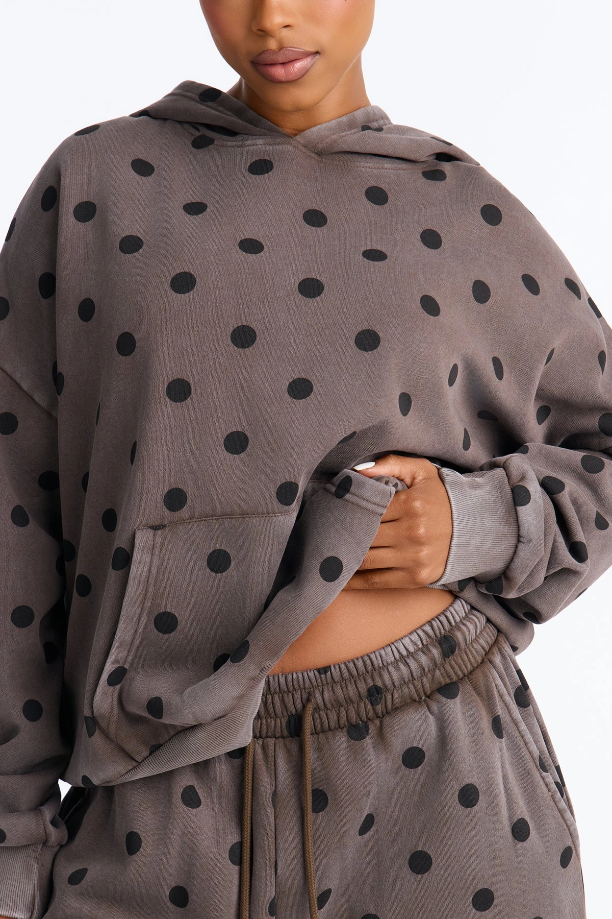 Taylor Polka Dot Washed Fleece Jort Set - Brown — Castanho