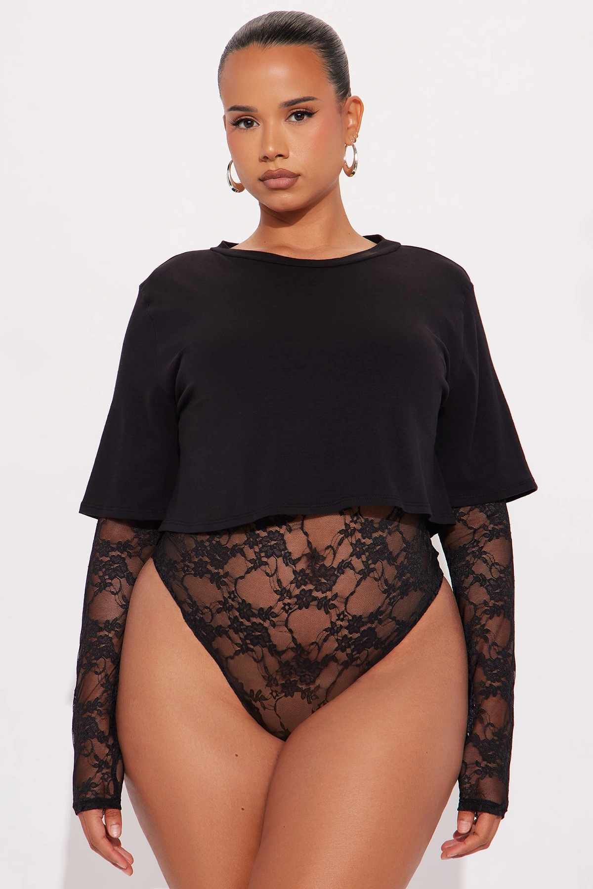 Unmatched Long Sleeve Lace Bodysuit - Black — Preto
