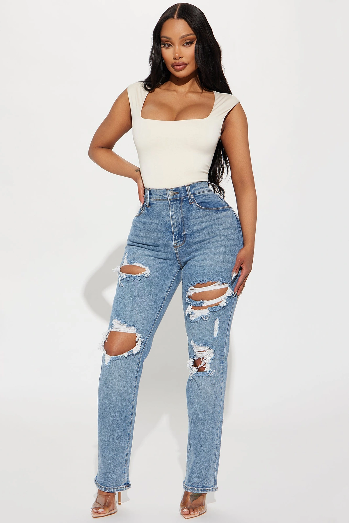 Because I Said So Destroyed Mom Jeans - Medium Blue Wash — médio Azul lavagem