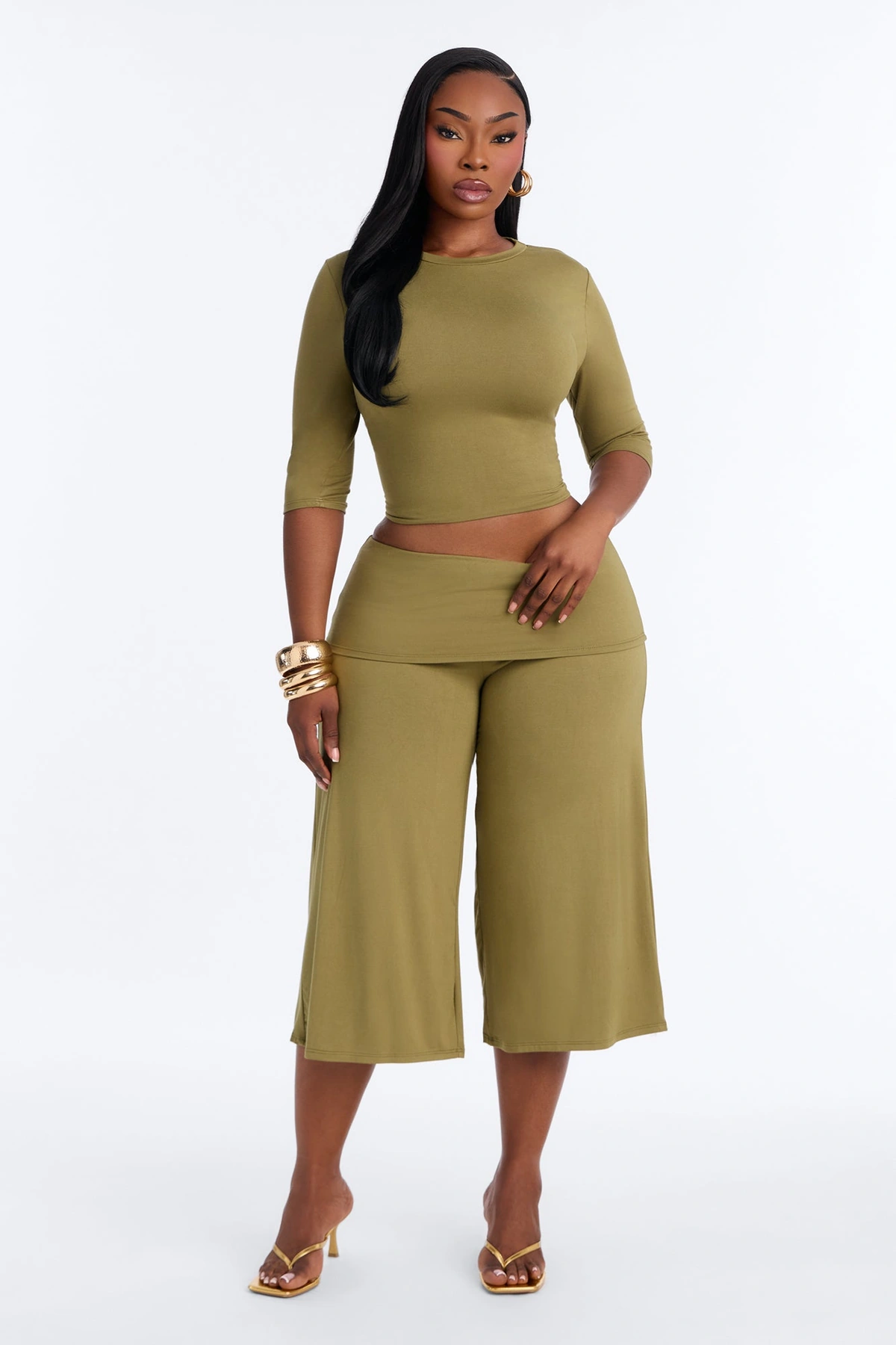 Kyla Foldover Gaucho Pant Set - Olive — Verde-azeitona