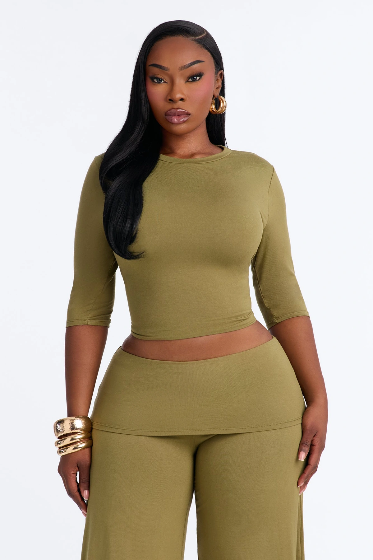 Kyla Foldover Gaucho Pant Set - Olive — Verde-azeitona