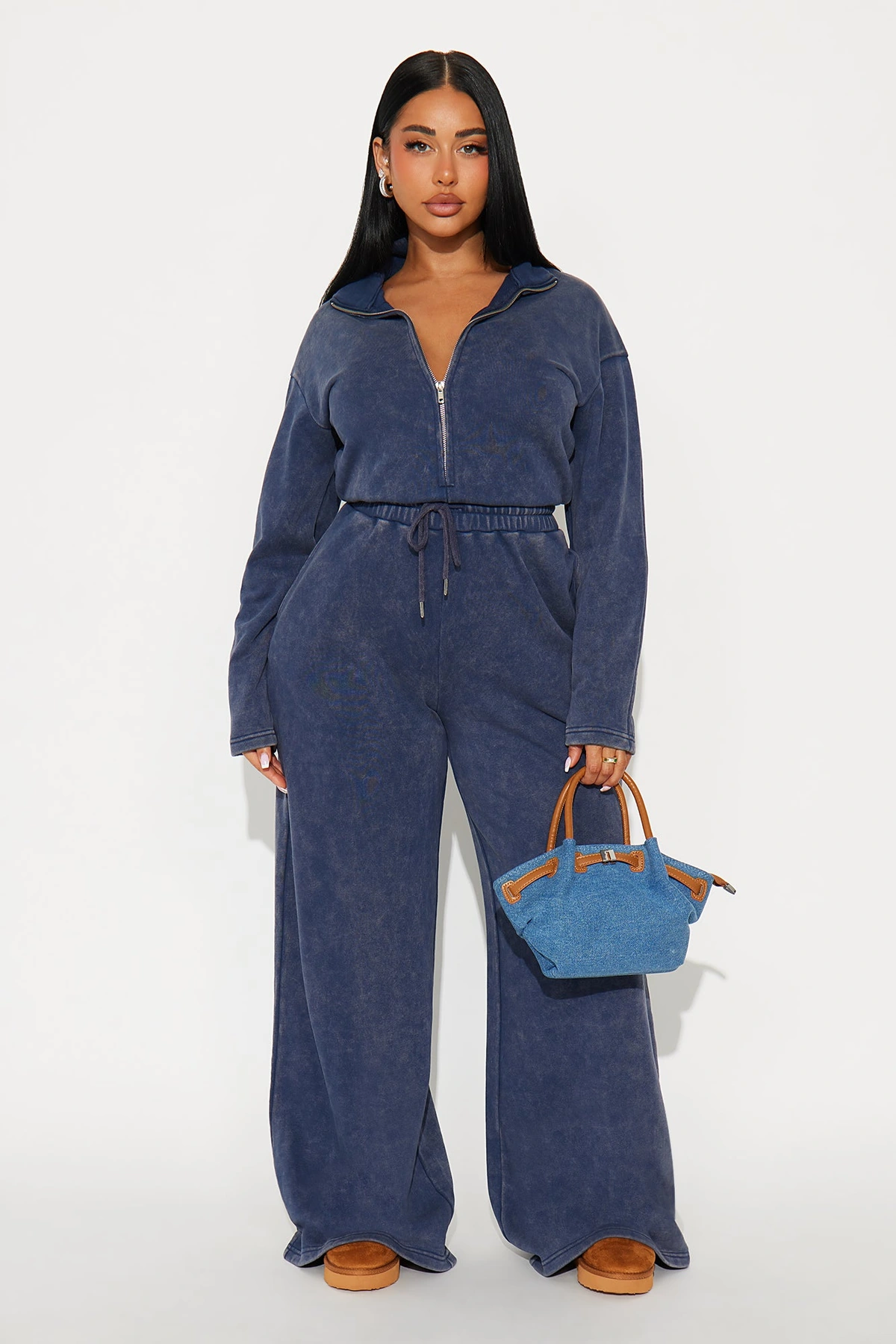 Busy Schedule Washed French Terry Jumpsuit - Navy — Azul-marinho