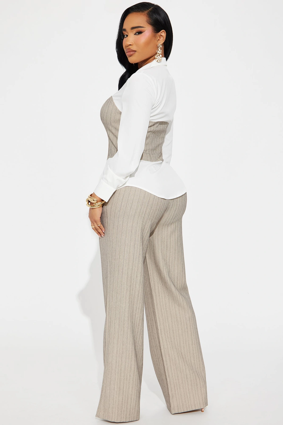 Work Mode Pinstripe Pant Set - Taupe/combo — Bege acinzentado/combinação