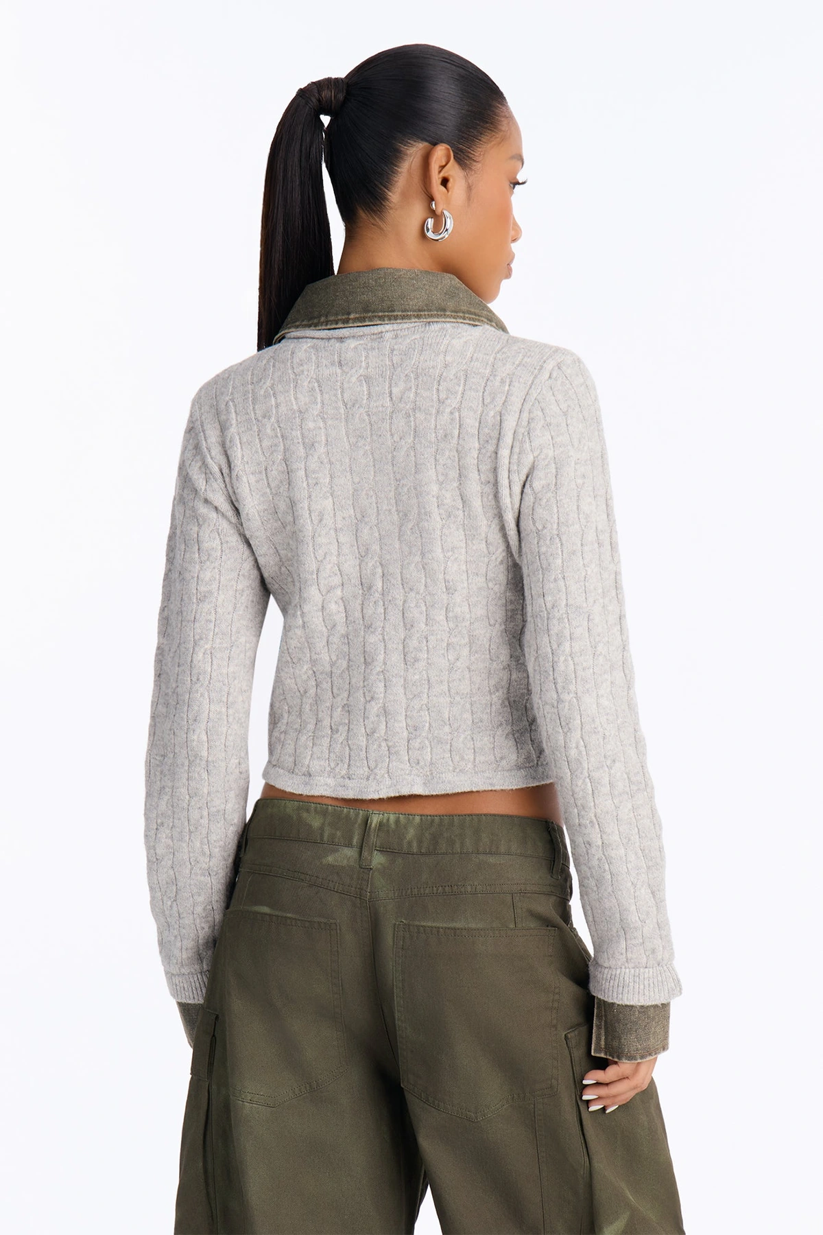 All Too Well Denim Contrast Cable Knit Cardigan - Heather/Combo — mesclado/combinação