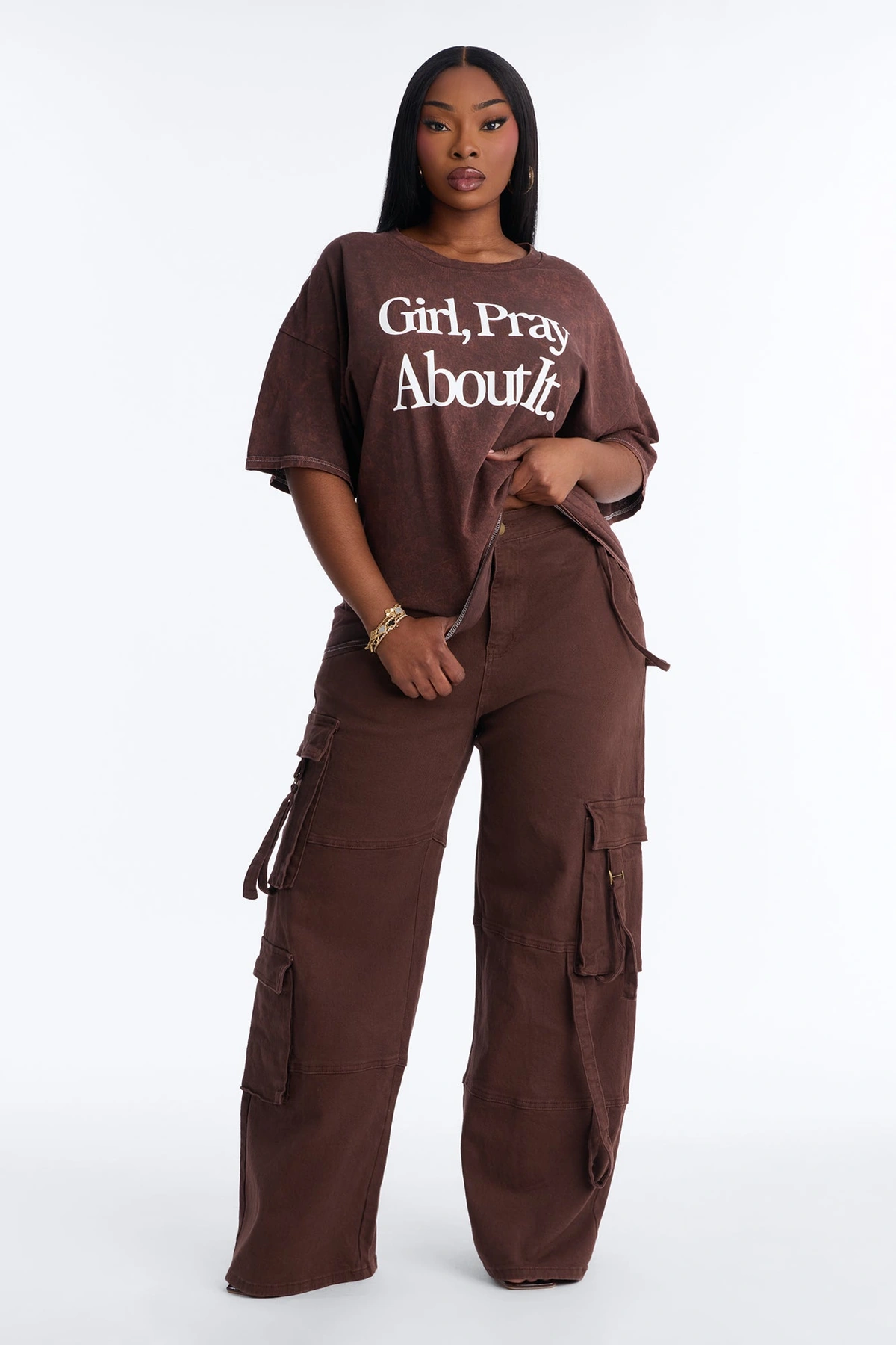 Girl Pray About It Washed Tshirt - Brown — Castanho