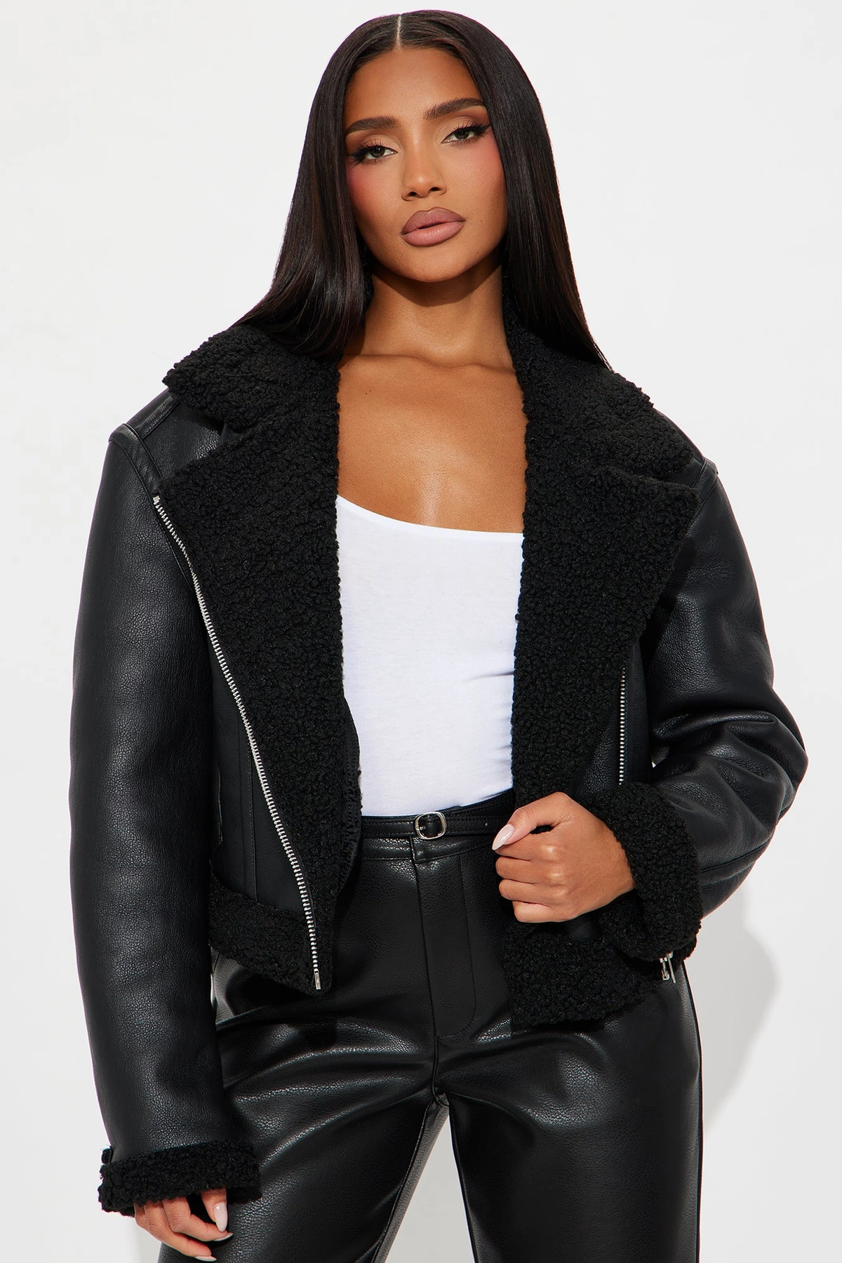 Charisma Faux Leather Shearling Jacket - Black — Preto