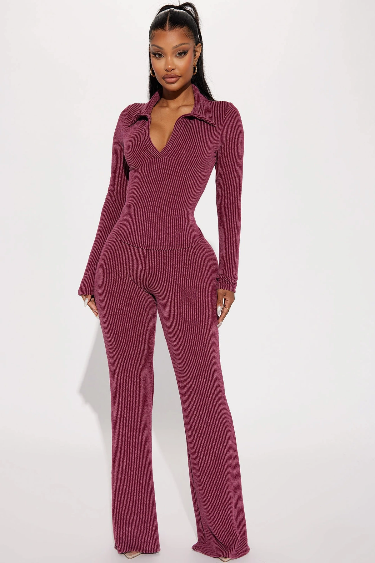 Josie Ribbed Long Sleeve Set - Burgundy — Bordô
