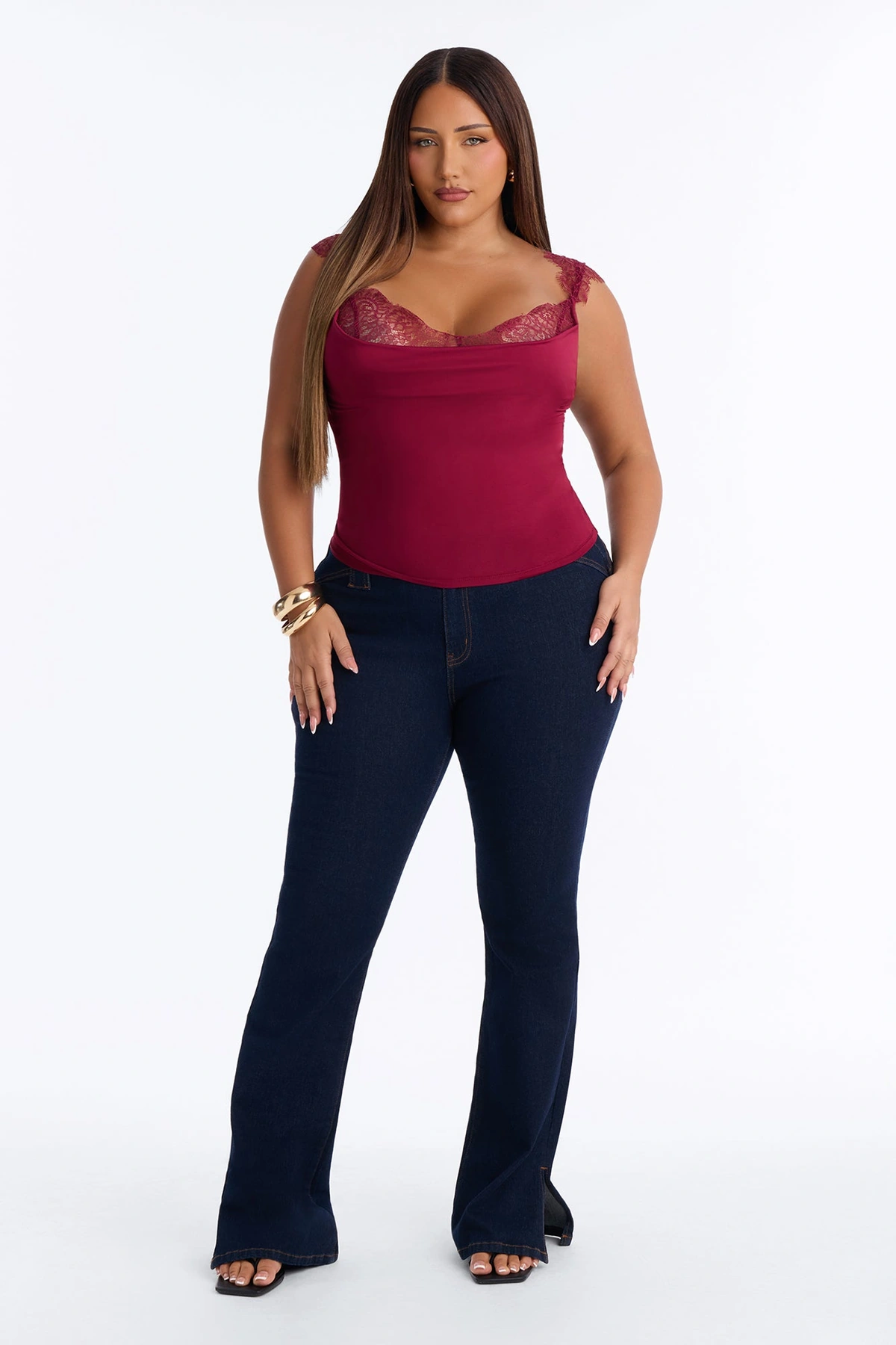 Janet Lace Trim Cowl Tank Top - Burgundy — Bordô