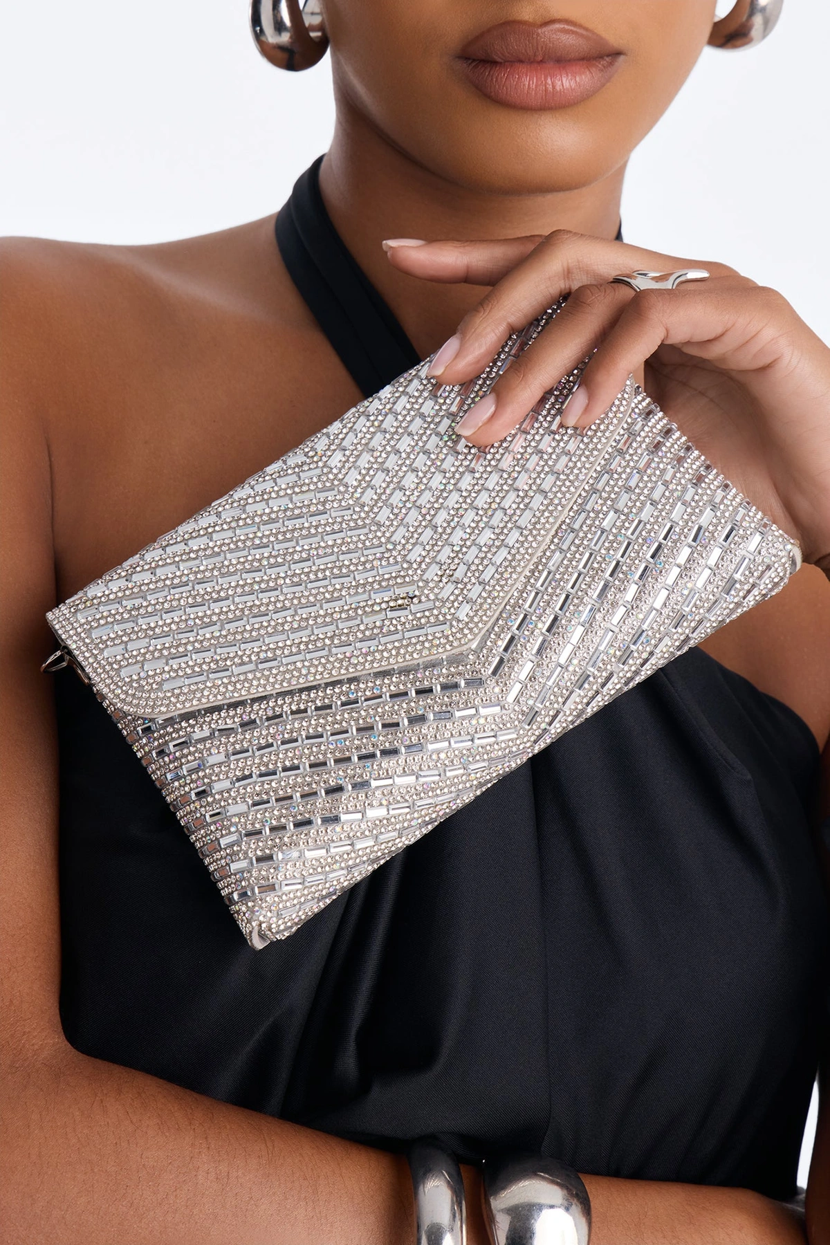 Hollywood Glam Rhinestone Clutch Handbag - Silver — Prateado