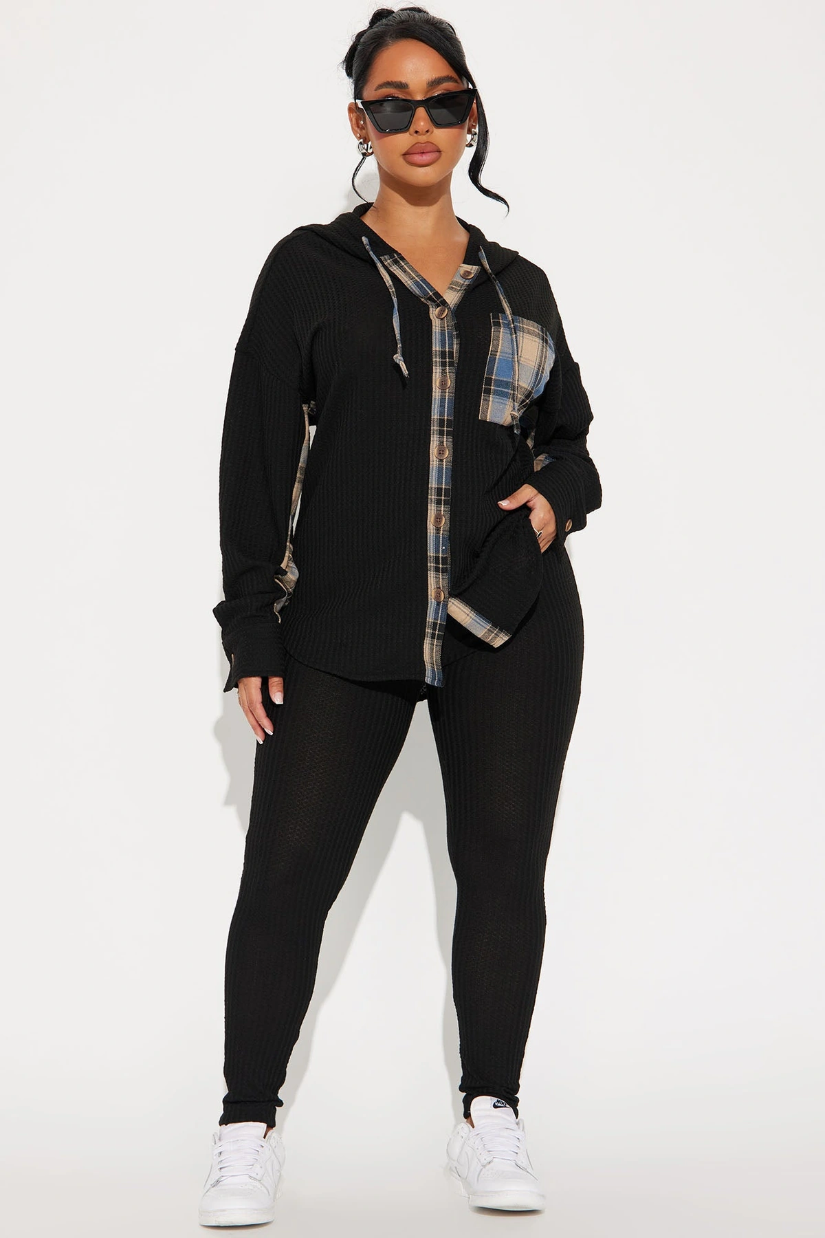 Alexandra Waffle Pant Set - Black — Preto