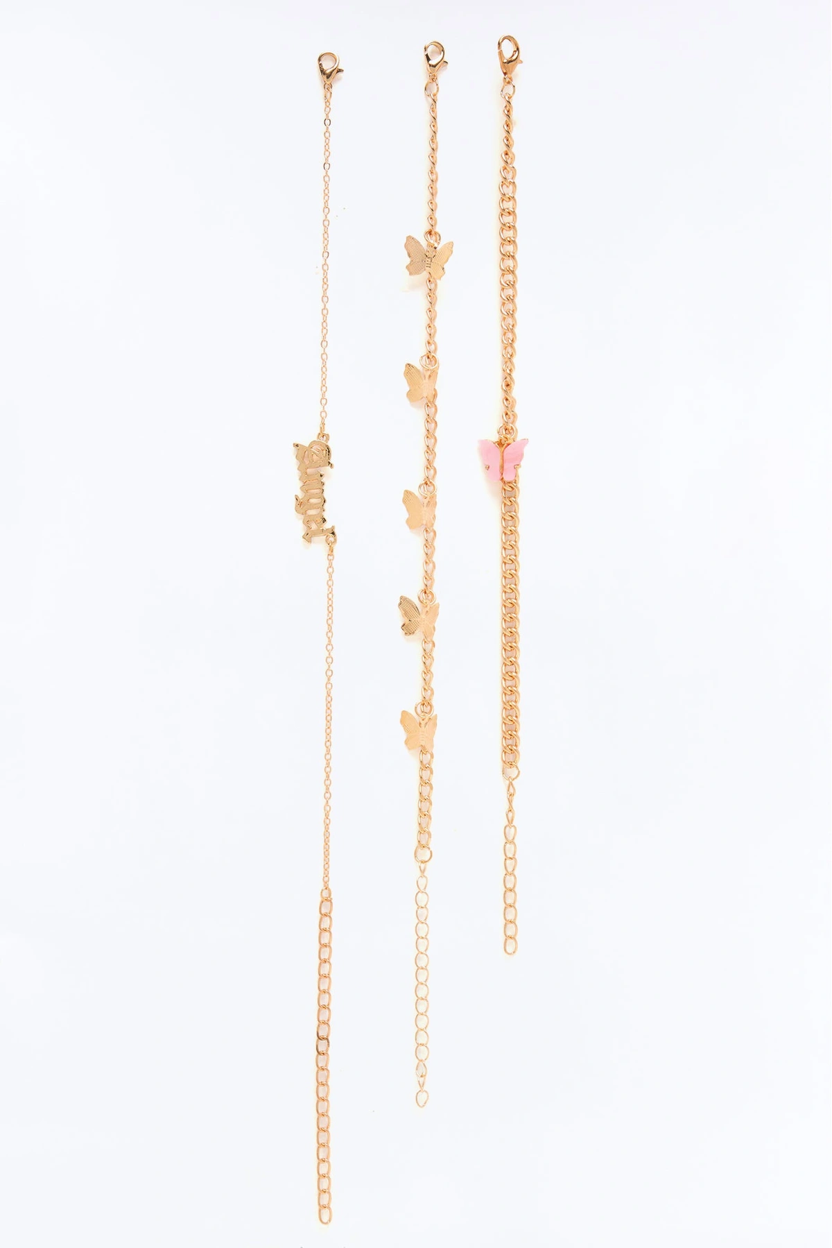 Angel Wings 3 Piece Anklet Set - Gold/Pink — Dourado/Rosa