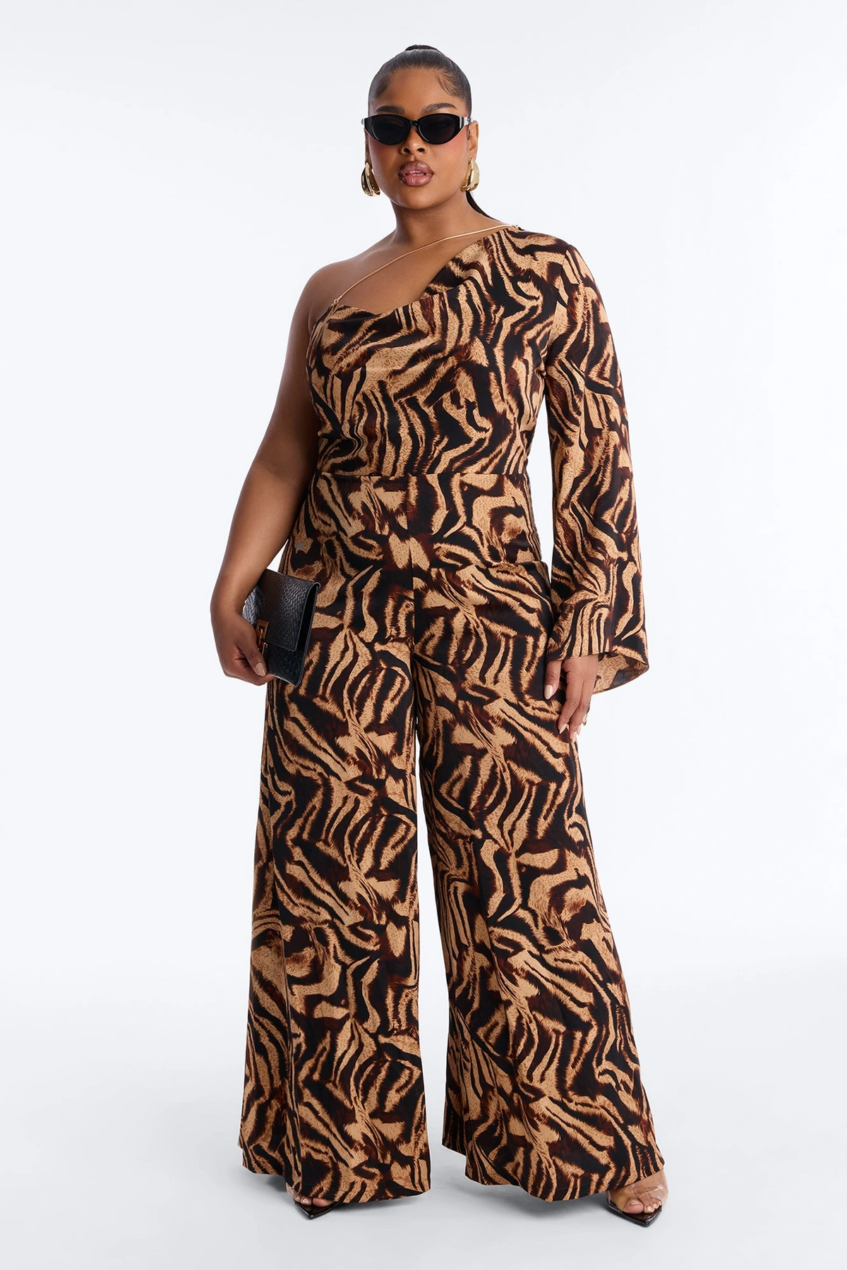 Tori Zebra One Shoulder Jumpsuit - Brown/combo — Castanho/combinação
