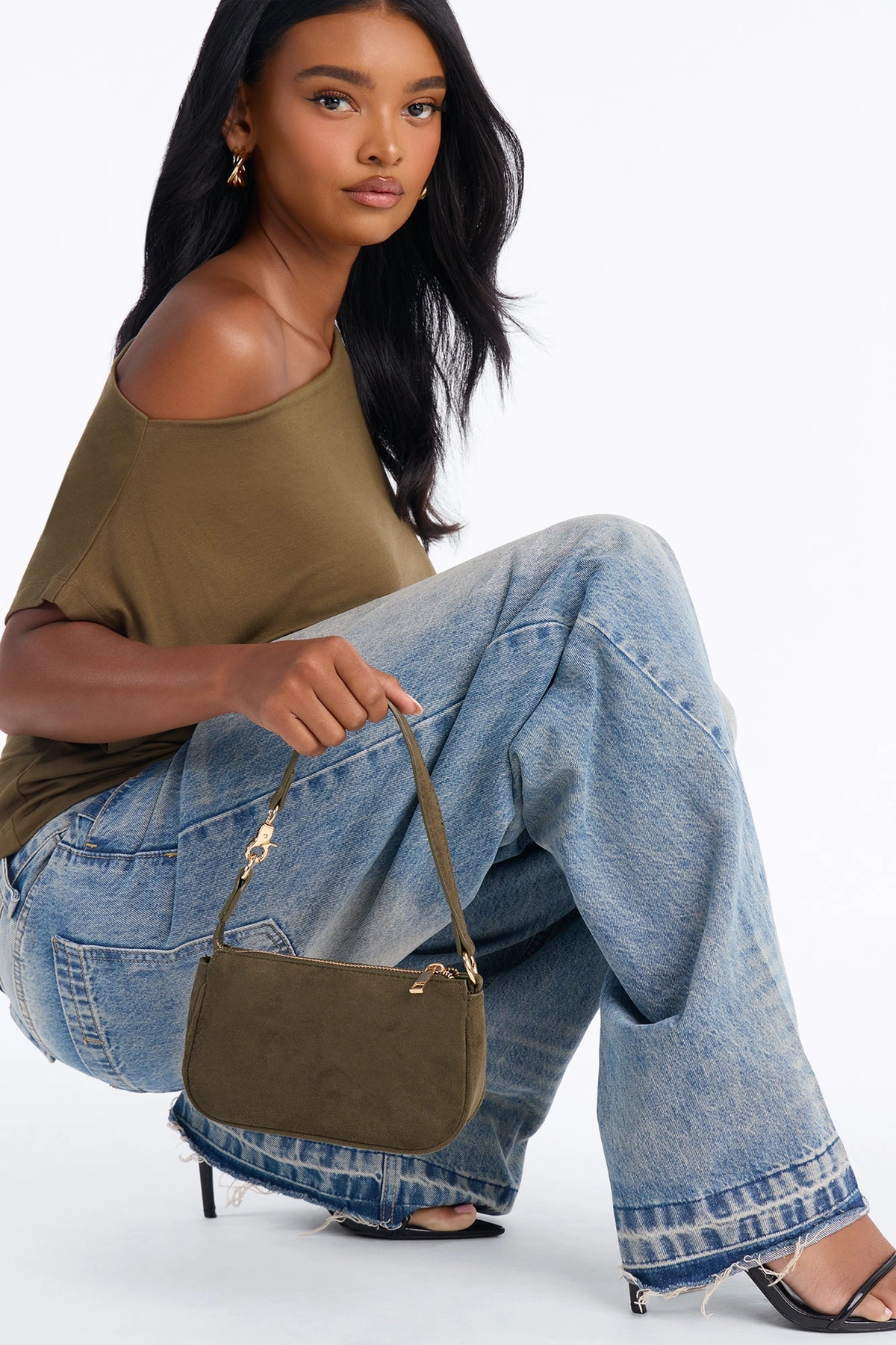Touch Me Right Faux Suede Shoulder Handbag - Olive — Verde-azeitona