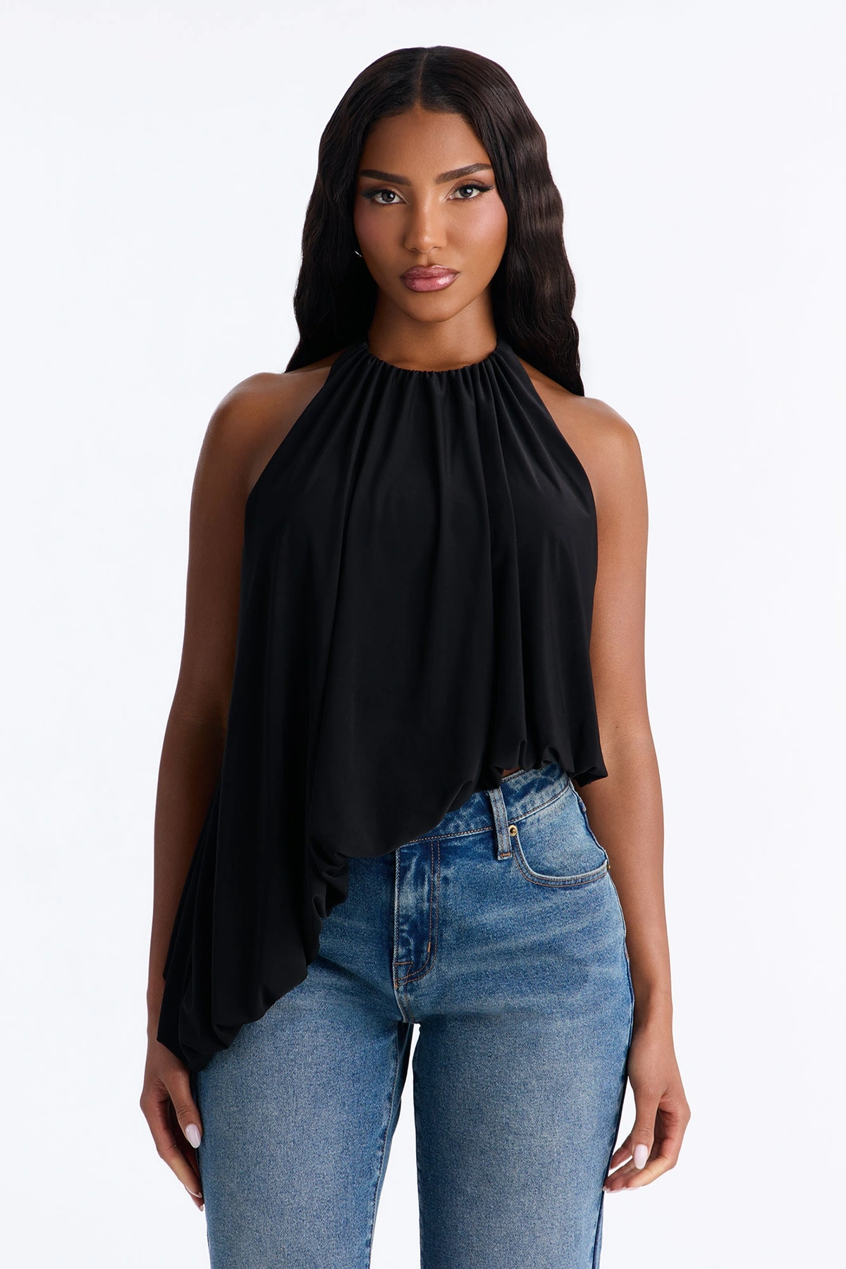 Selena Ruched Asymmetrical Halter Top - Black — Preto