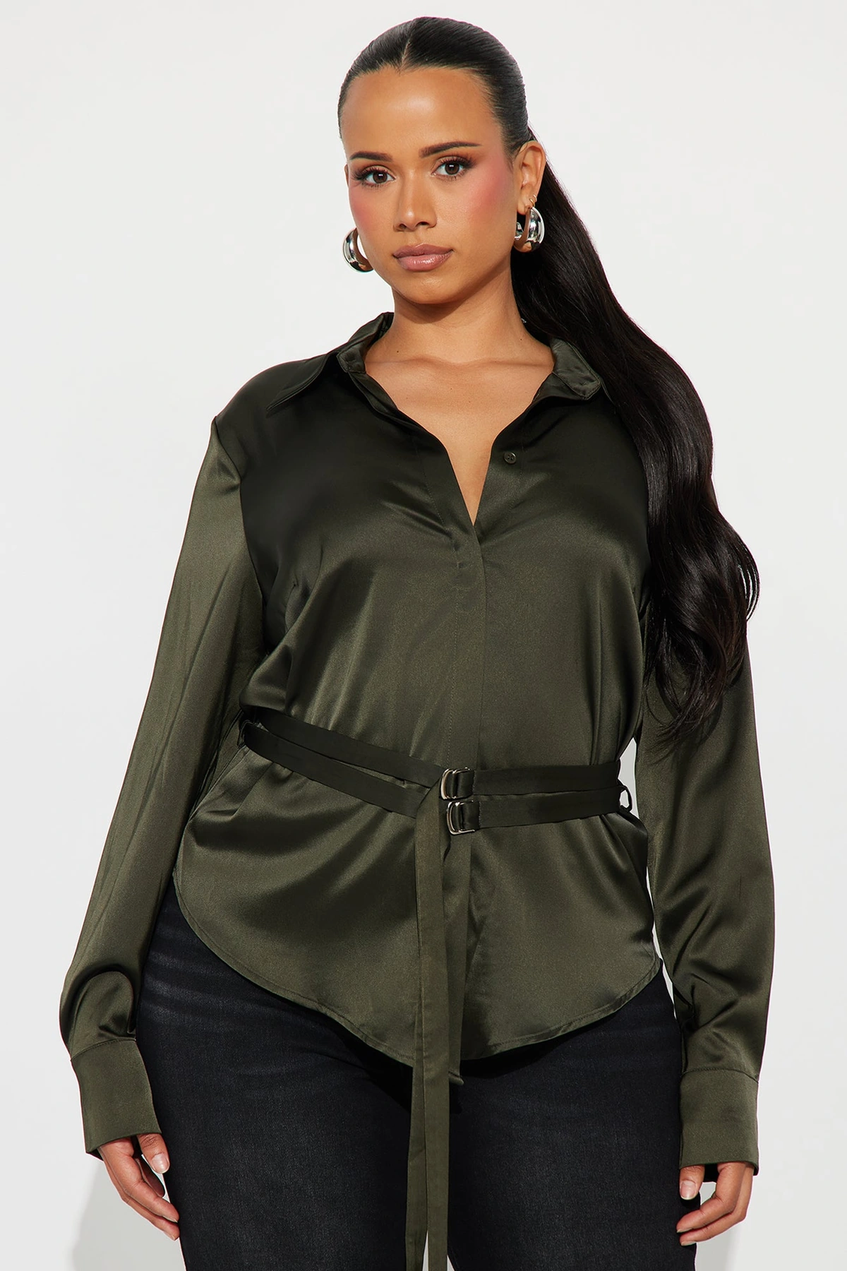 Pull It Together Belted Satin Shirt - Olive — Verde-azeitona