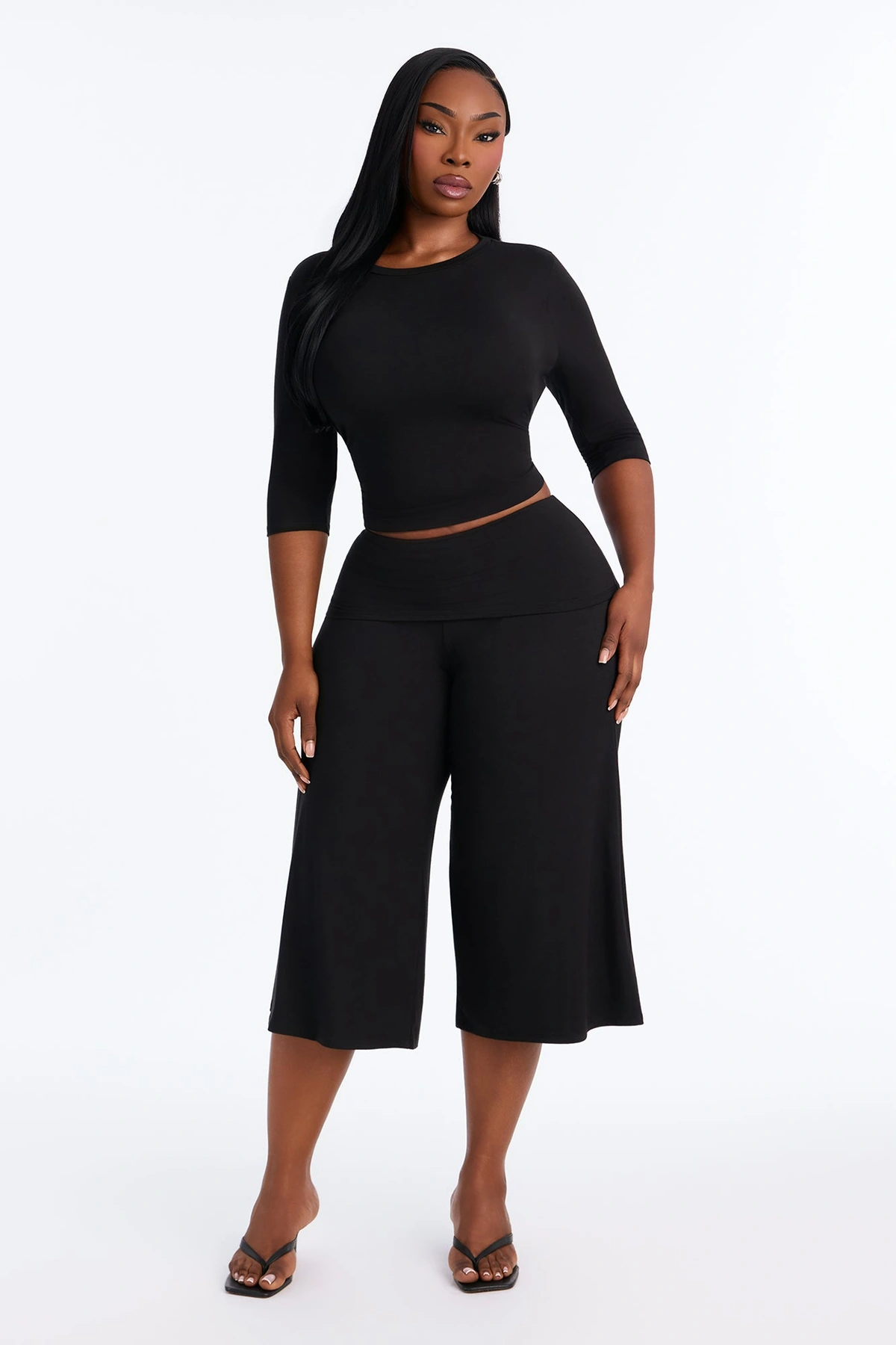 Kyla Foldover Gaucho Pant Set - Black — Preto