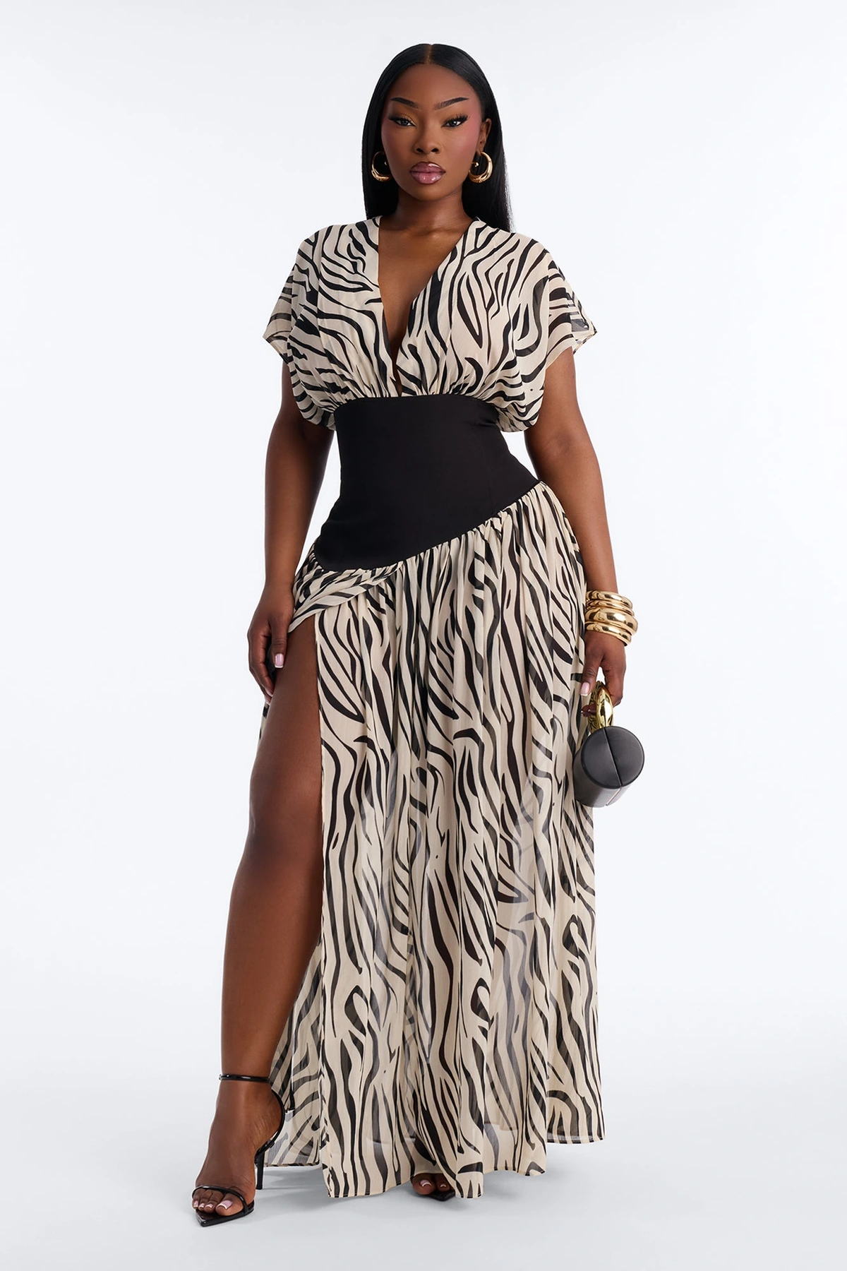 Dalilah Printed Chiffon Corset Maxi Dress - White/Black — Branco/Preto