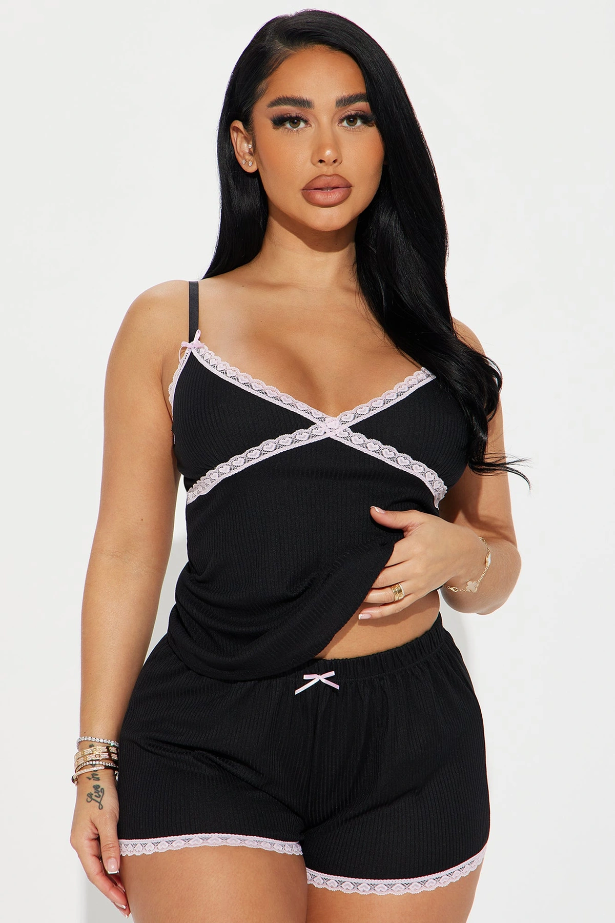 In Your Dreams Ribbed PJ Short Set - Black — Preto