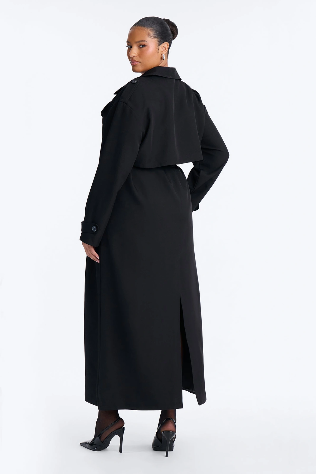 Elorea Belted Solid Trench Coat - Black — Preto