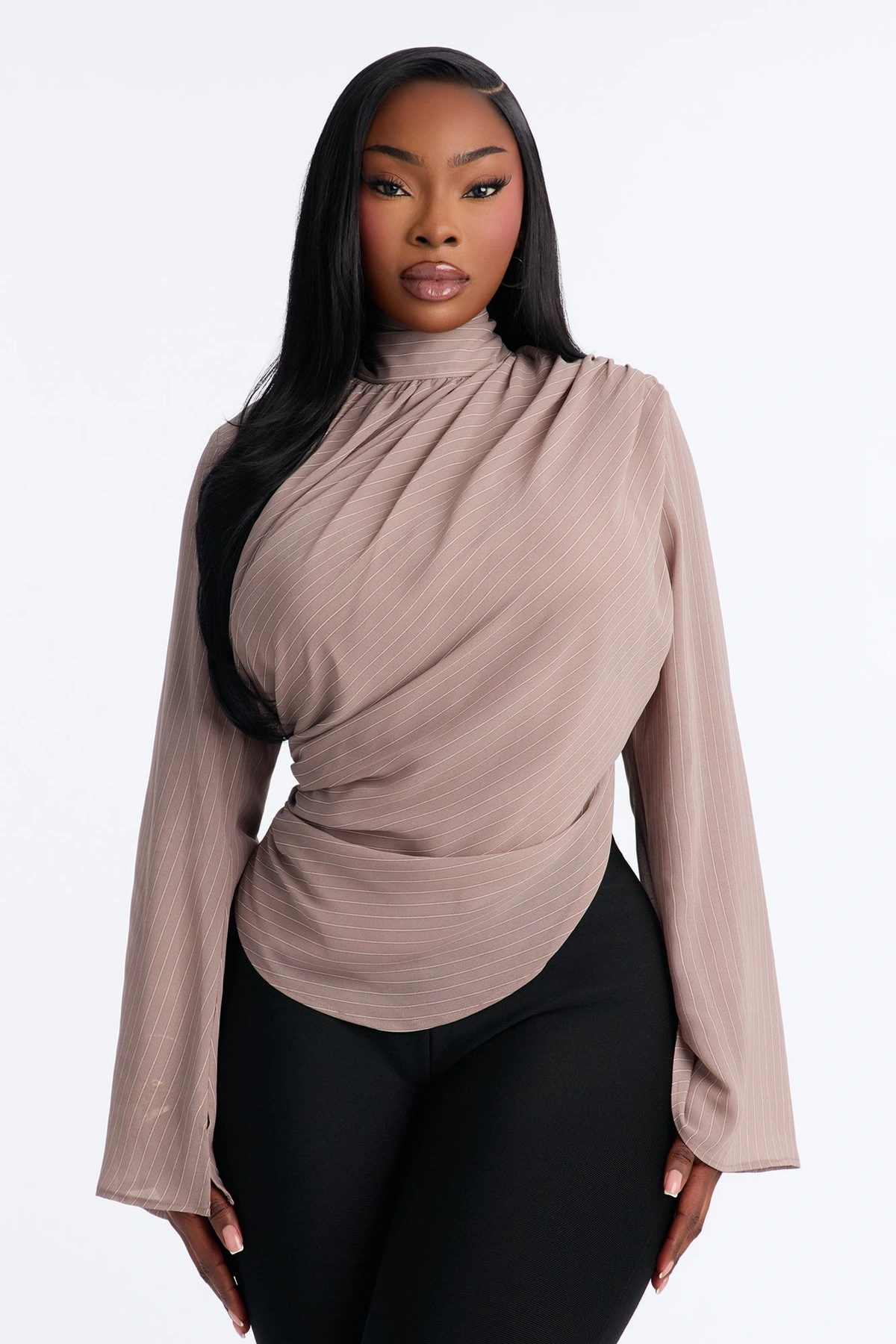 Controlled Desires Striped Long Sleeve Blouse - Taupe/combo — Bege acinzentado/combinação