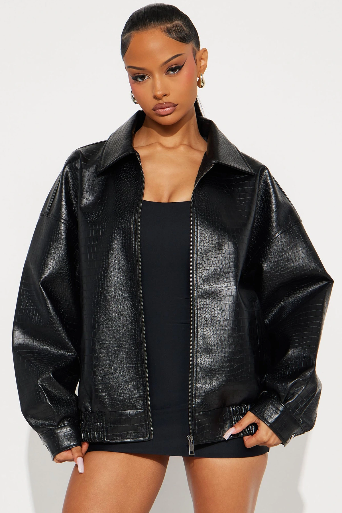 Lola Croc Faux Leather Bomber Jacket - Black — Preto
