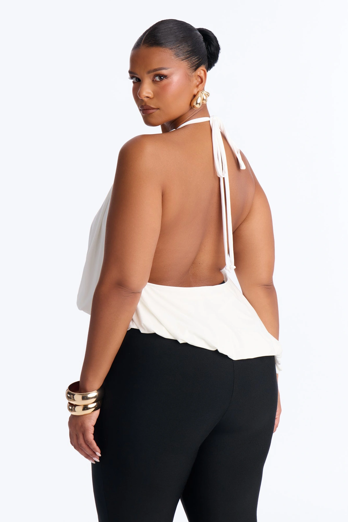 Selena Ruched Asymmetrical Halter Top - White — Branco