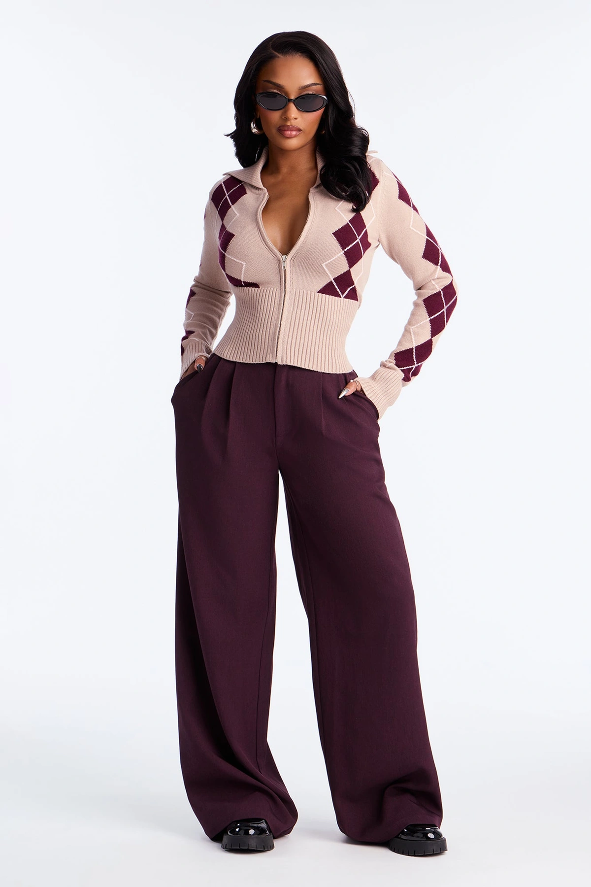 Status Update Front Zip Argyle Cardigan - Oatmeal/combo — Aveia/combinação