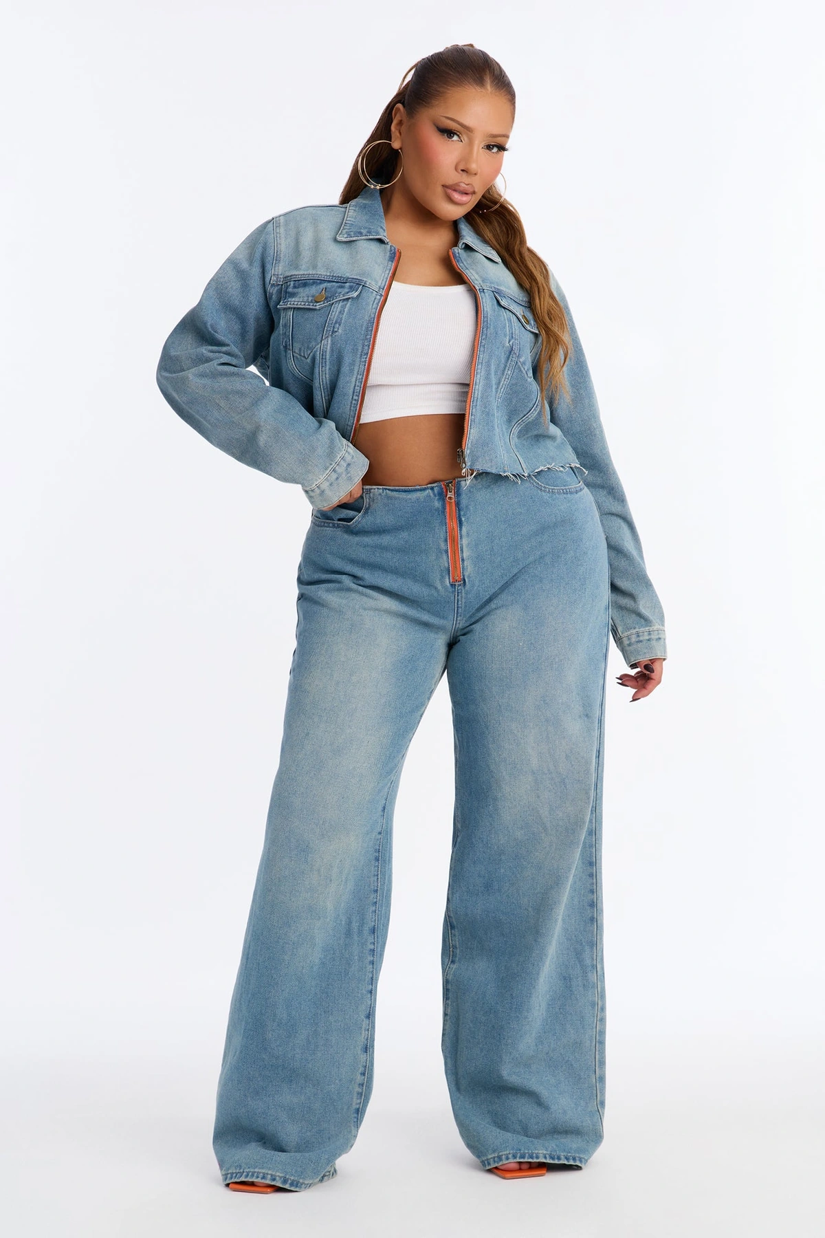Tamara Washed Denim Jacket Pant Set - Medium Wash — Ganga de lavagem média