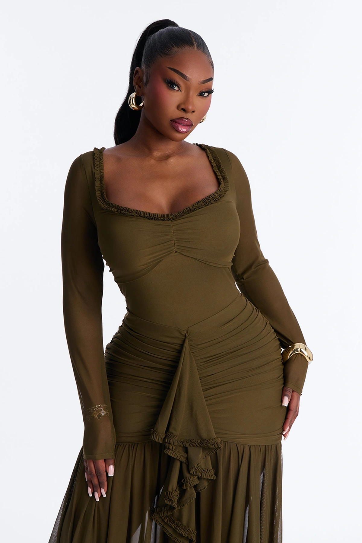 Mallory Ruffle Draped Mesh Midi Dress - Olive — Verde-azeitona