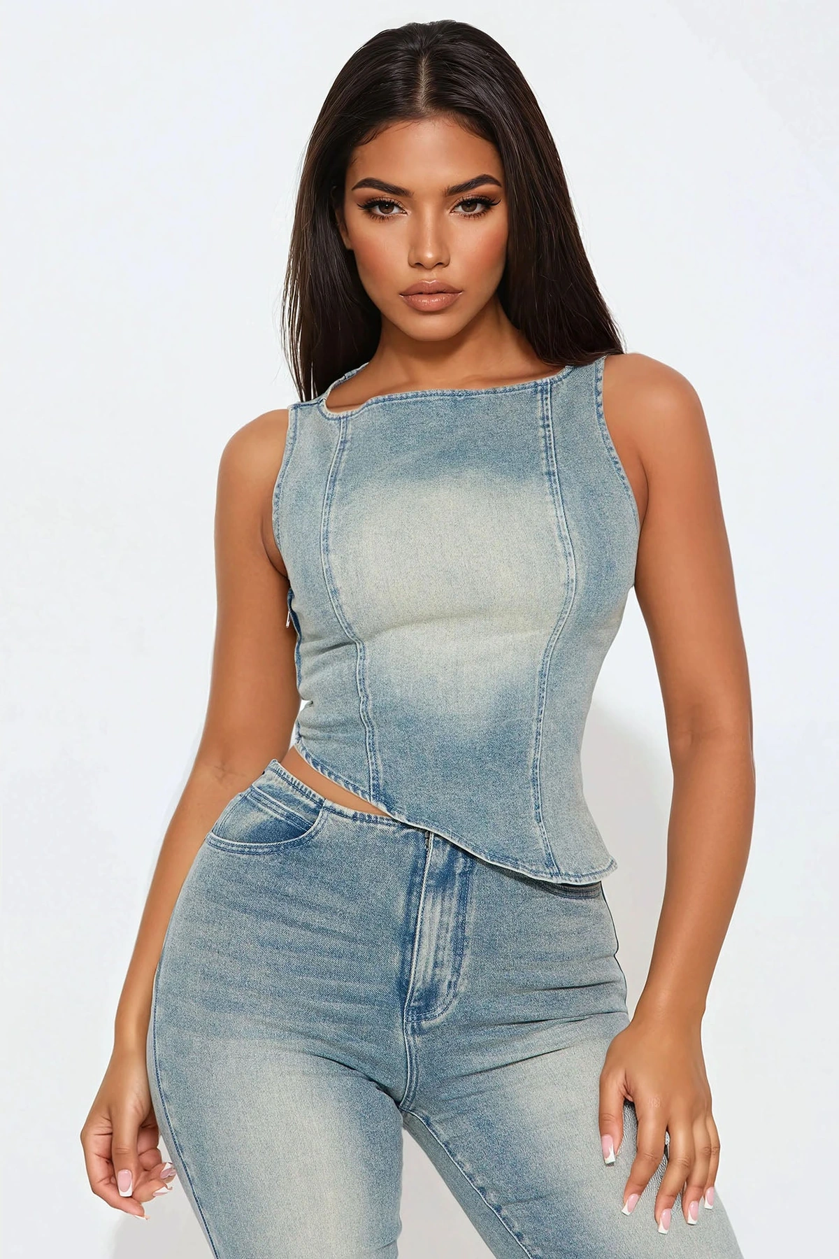 Alana Denim Pant Set - Medium Wash — Ganga de lavagem média