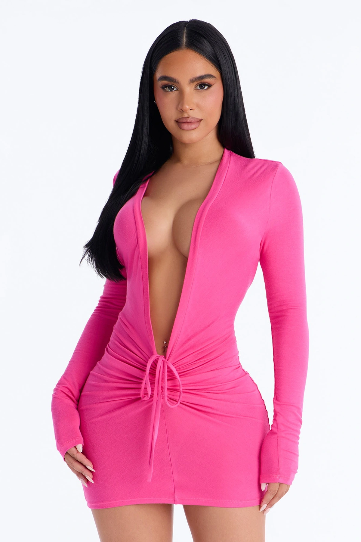 Baddie Core Deep V-Neck Mini Dress - Hot Pink — Hot Rosa
