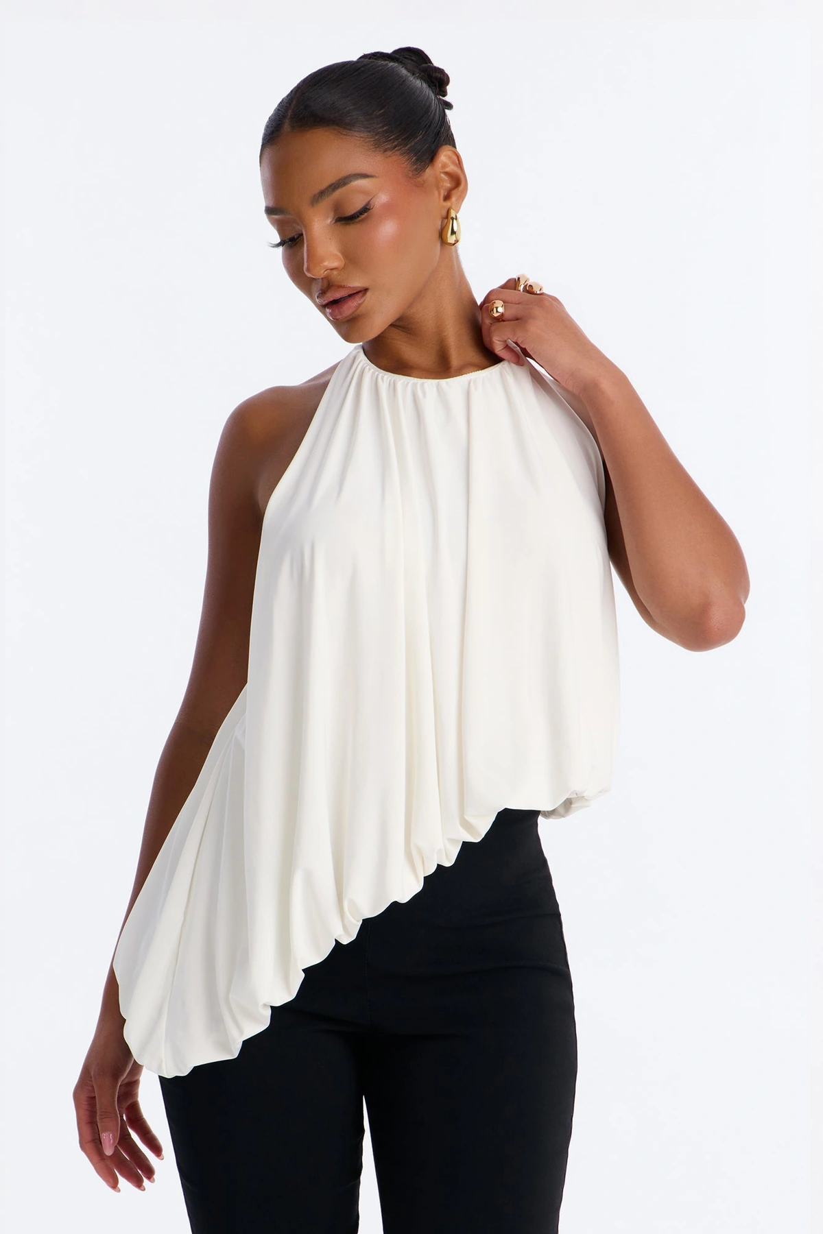 Selena Ruched Asymmetrical Halter Top - White — Branco