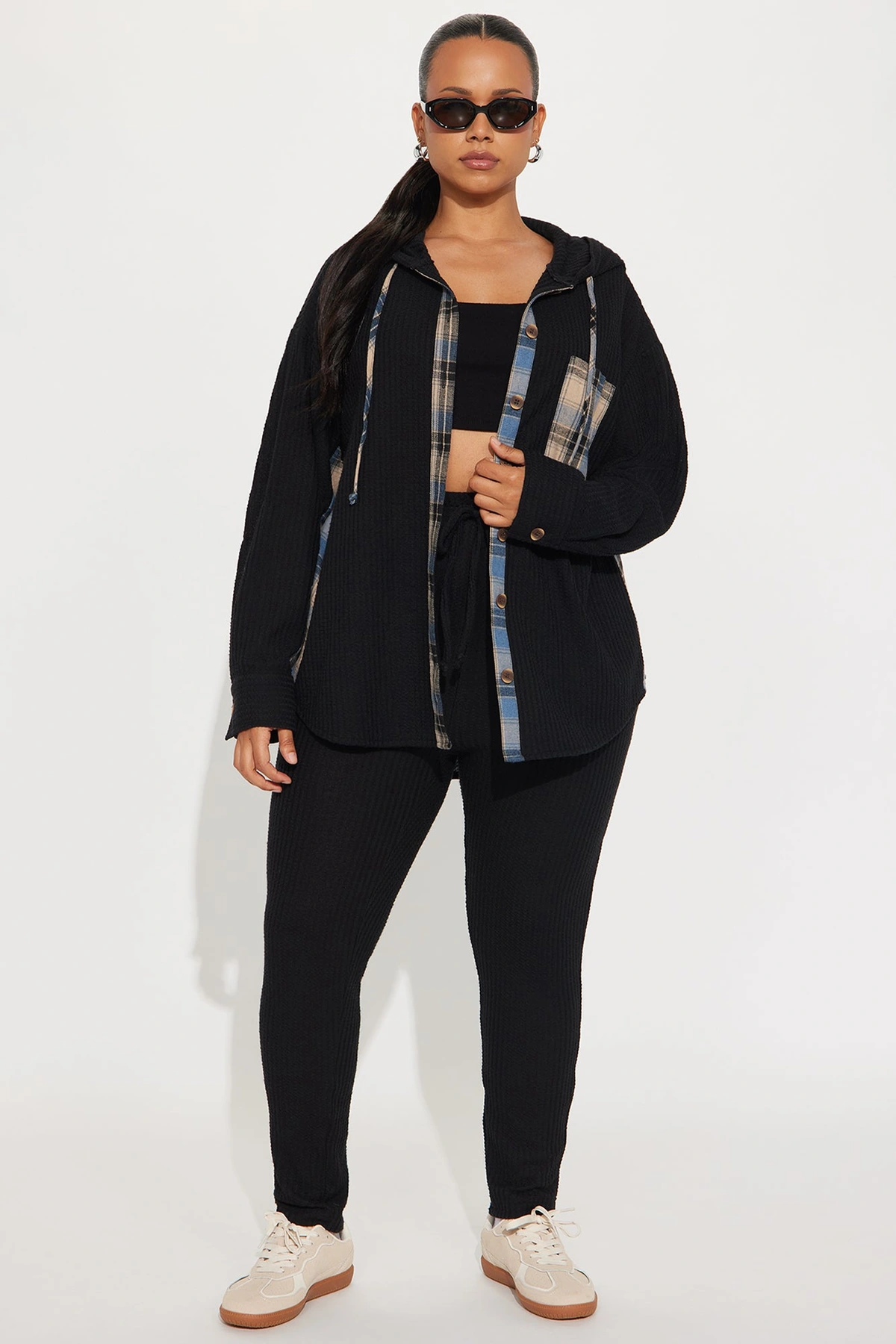 Alexandra Waffle Pant Set - Black — Preto
