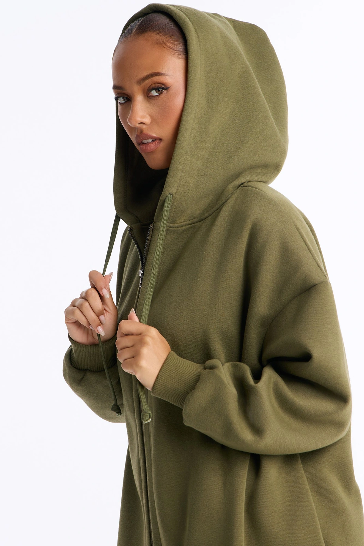 Sunday Lounge Fleece Hooded Long Jacket - Olive — Verde-azeitona