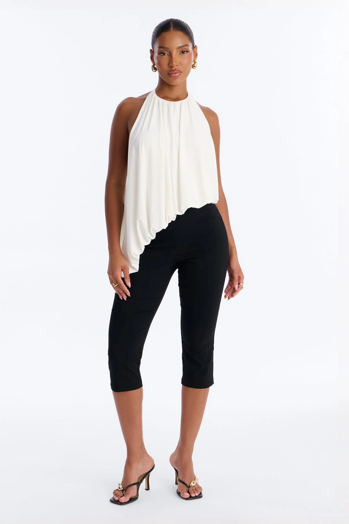 Selena Ruched Asymmetrical Halter Top - White — Branco