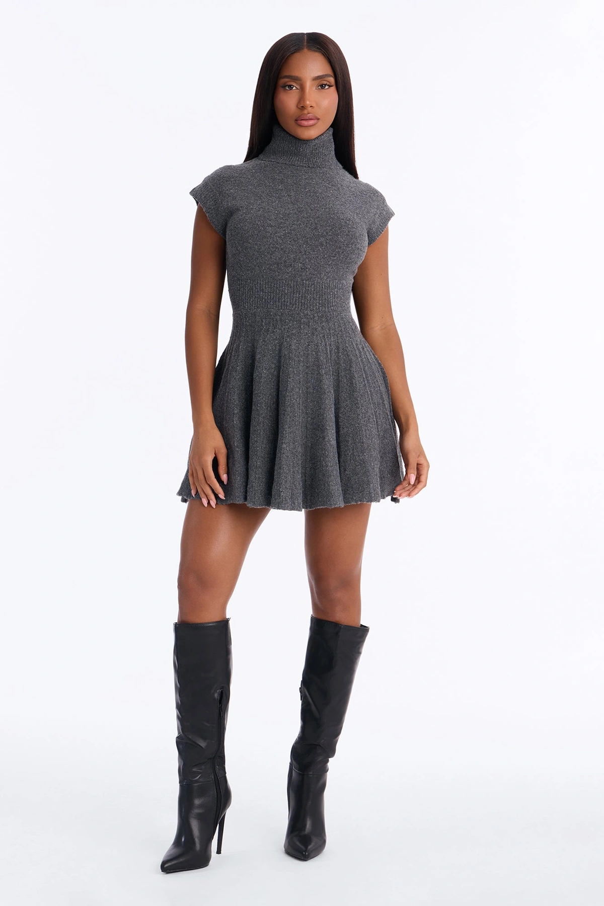 Hazel Turtle Neck Sweater Mini Dress - Charcoal — Cinzento-escuro