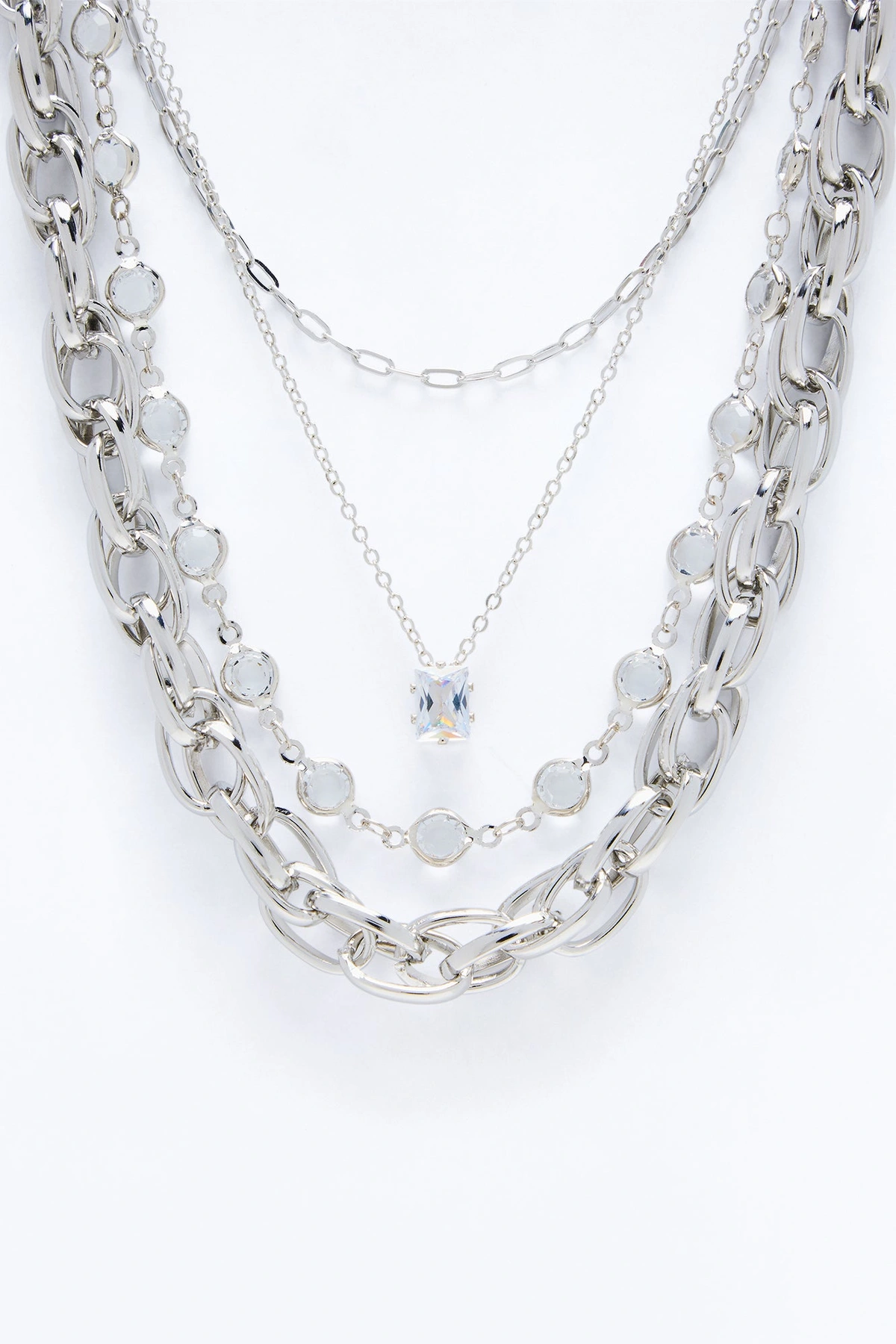 Heads Up Rhinestones Layered Necklace - Silver — Prateado