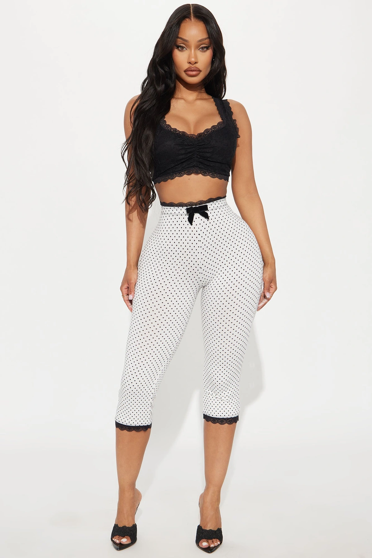 Florentina Lace Trim Capri Legging - White/Black — Branco/Preto