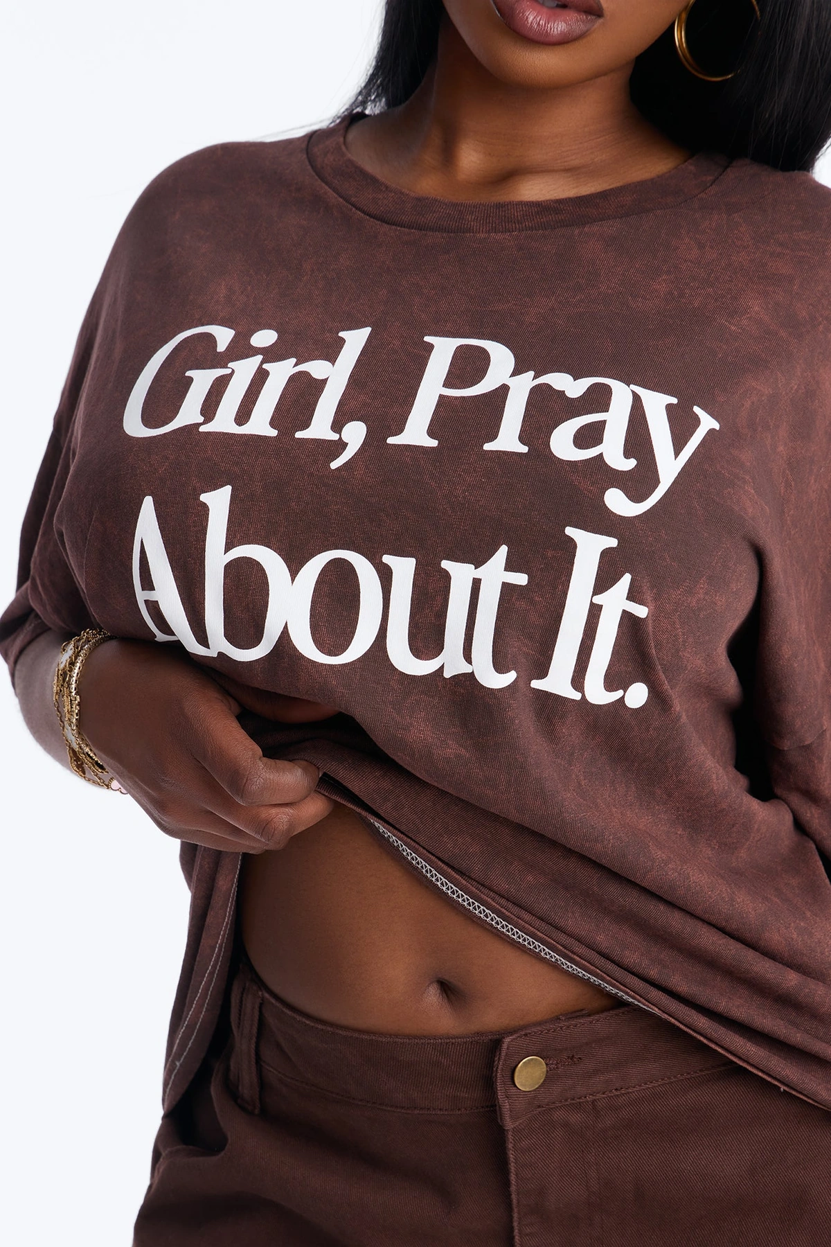 Girl Pray About It Washed Tshirt - Brown — Castanho