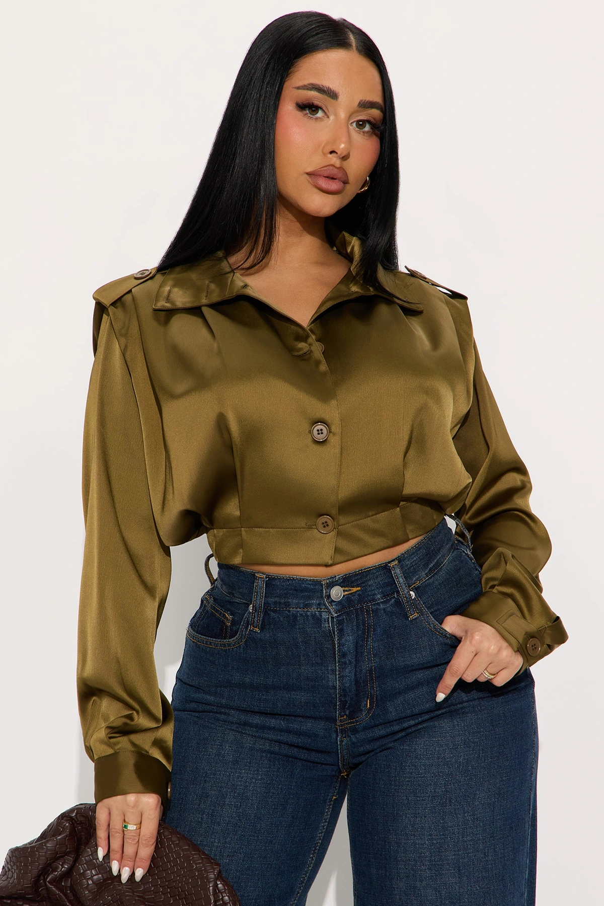 All Business Satin Shirt - Olive — Verde-azeitona