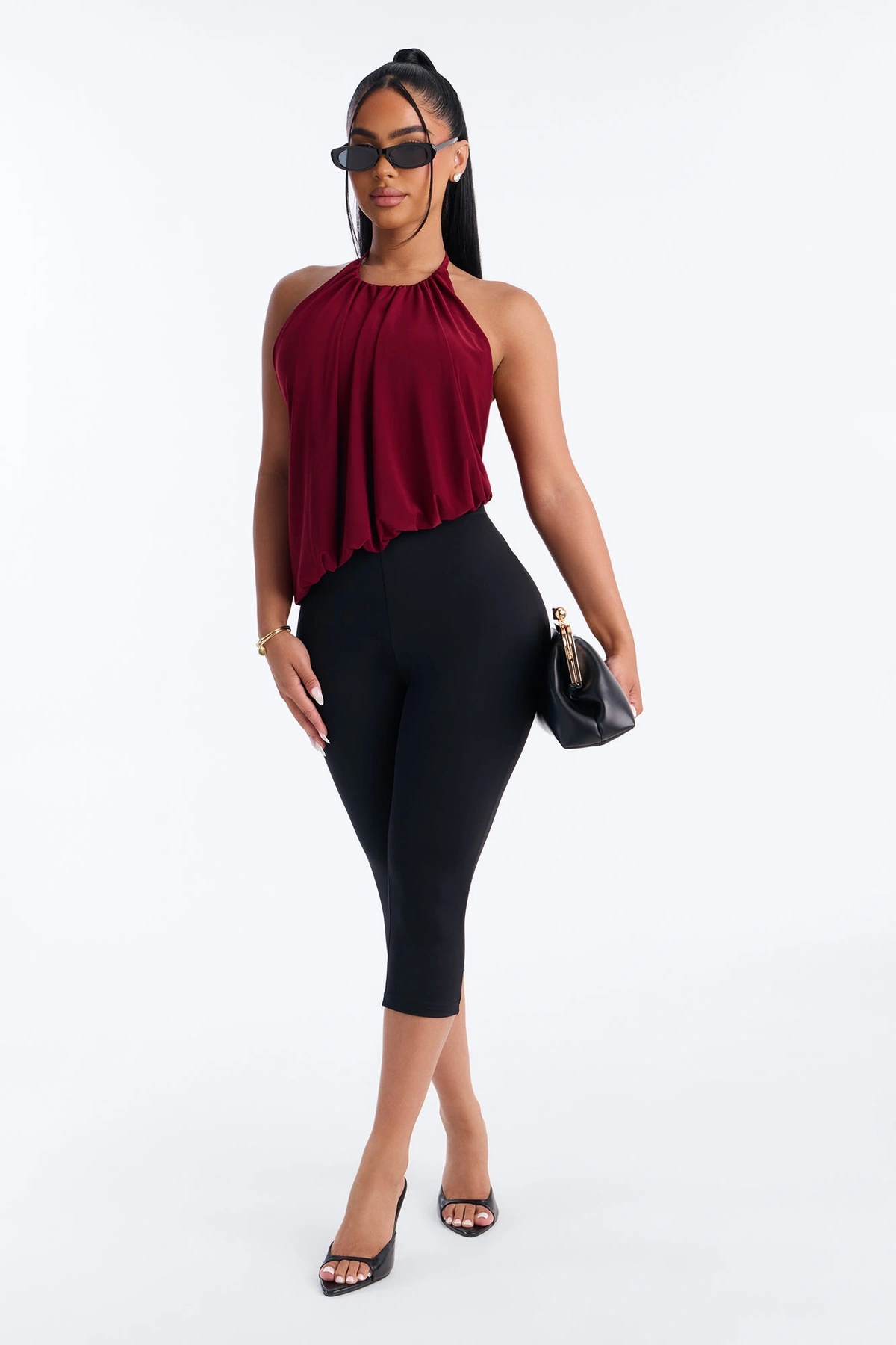 Selena Ruched Asymmetrical Halter Top - Wine — Vinho